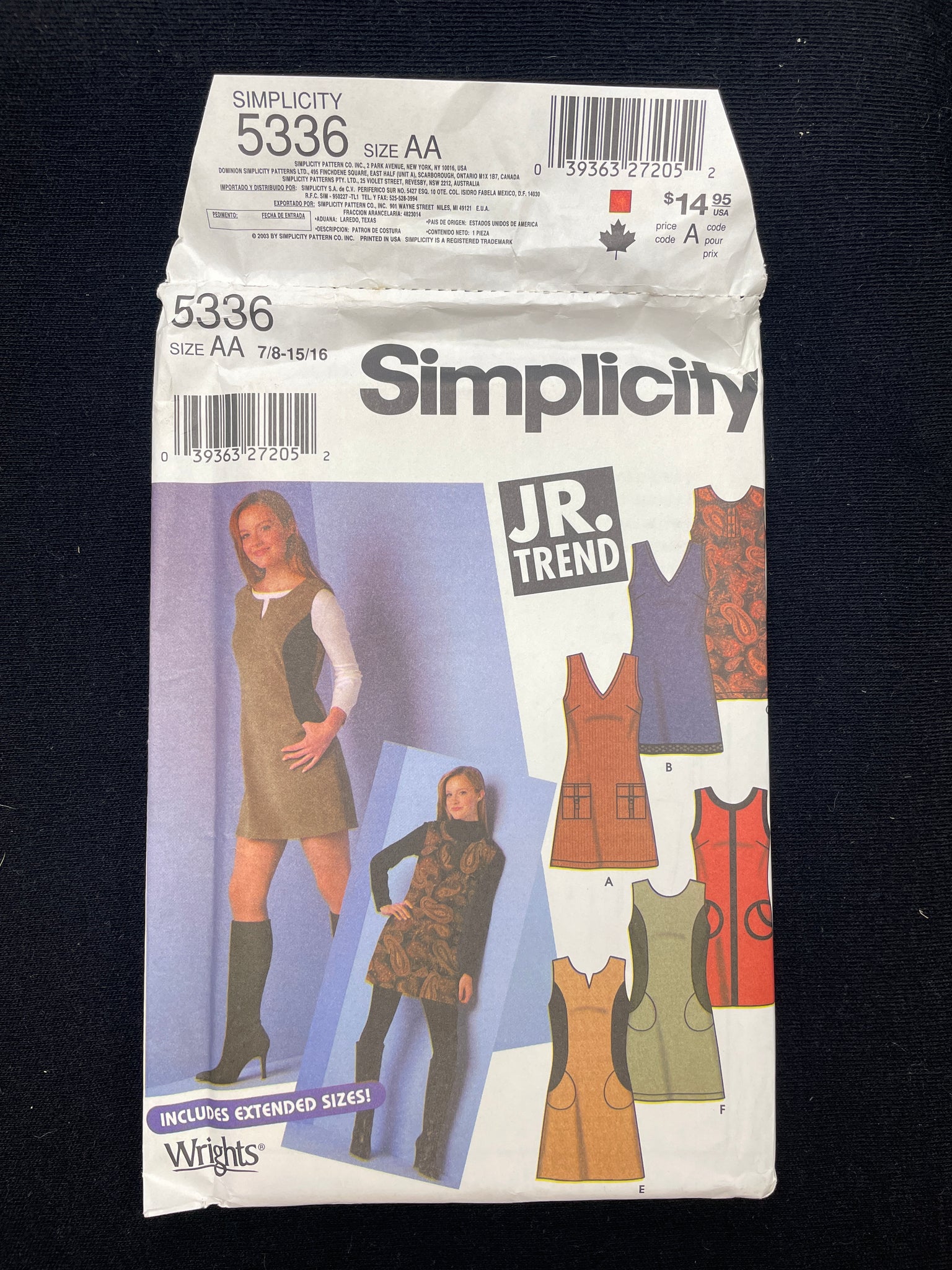 2003 Simplicity 5336 Sewing Pattern - Junior's Jumper Dress FACTORY FOLDED