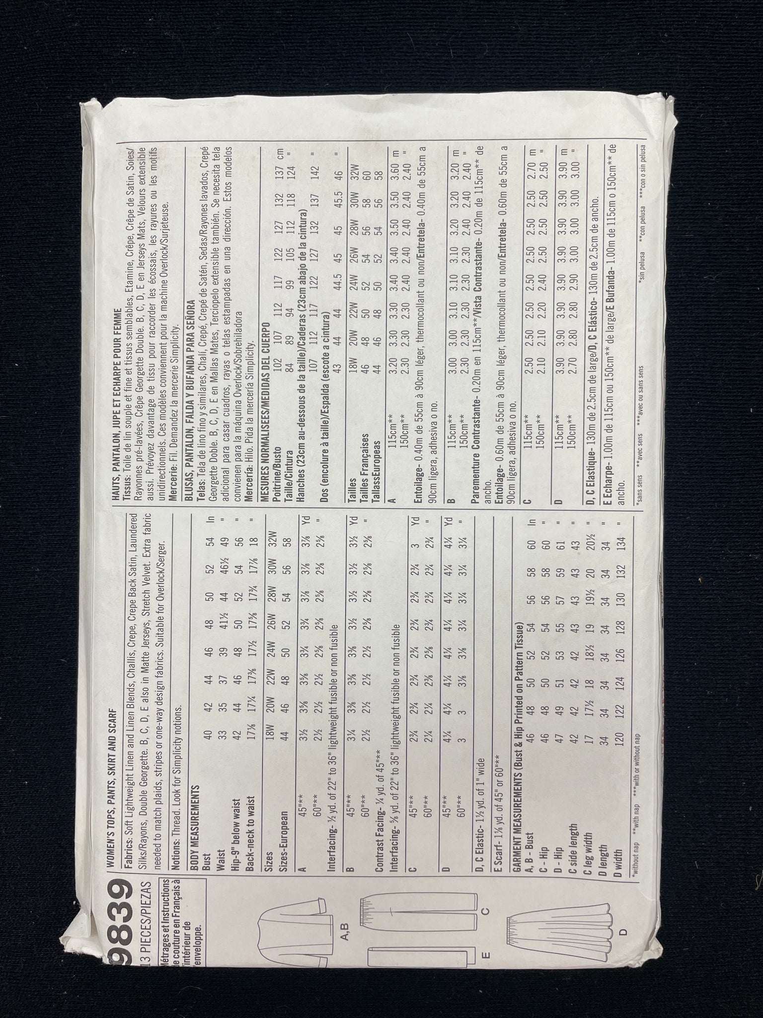 2001 Simplicity 9839 Sewing Pattern - Adult Tops, Pants, Skirt and Scarf FACTORY FOLDED