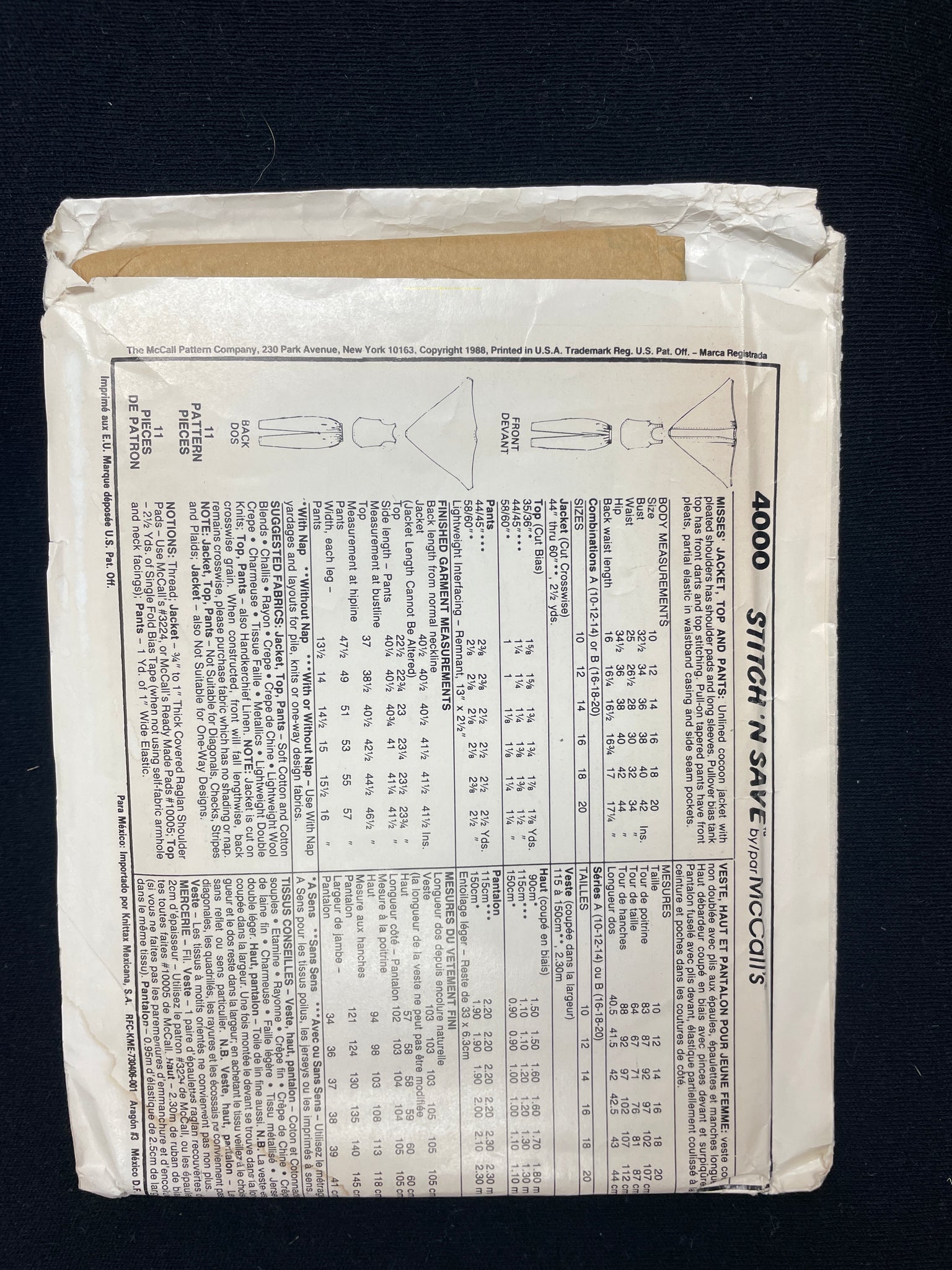 1988 McCall's 4000 Sewing Pattern - Adult Cocoon Jacket, Tank Top and Pants