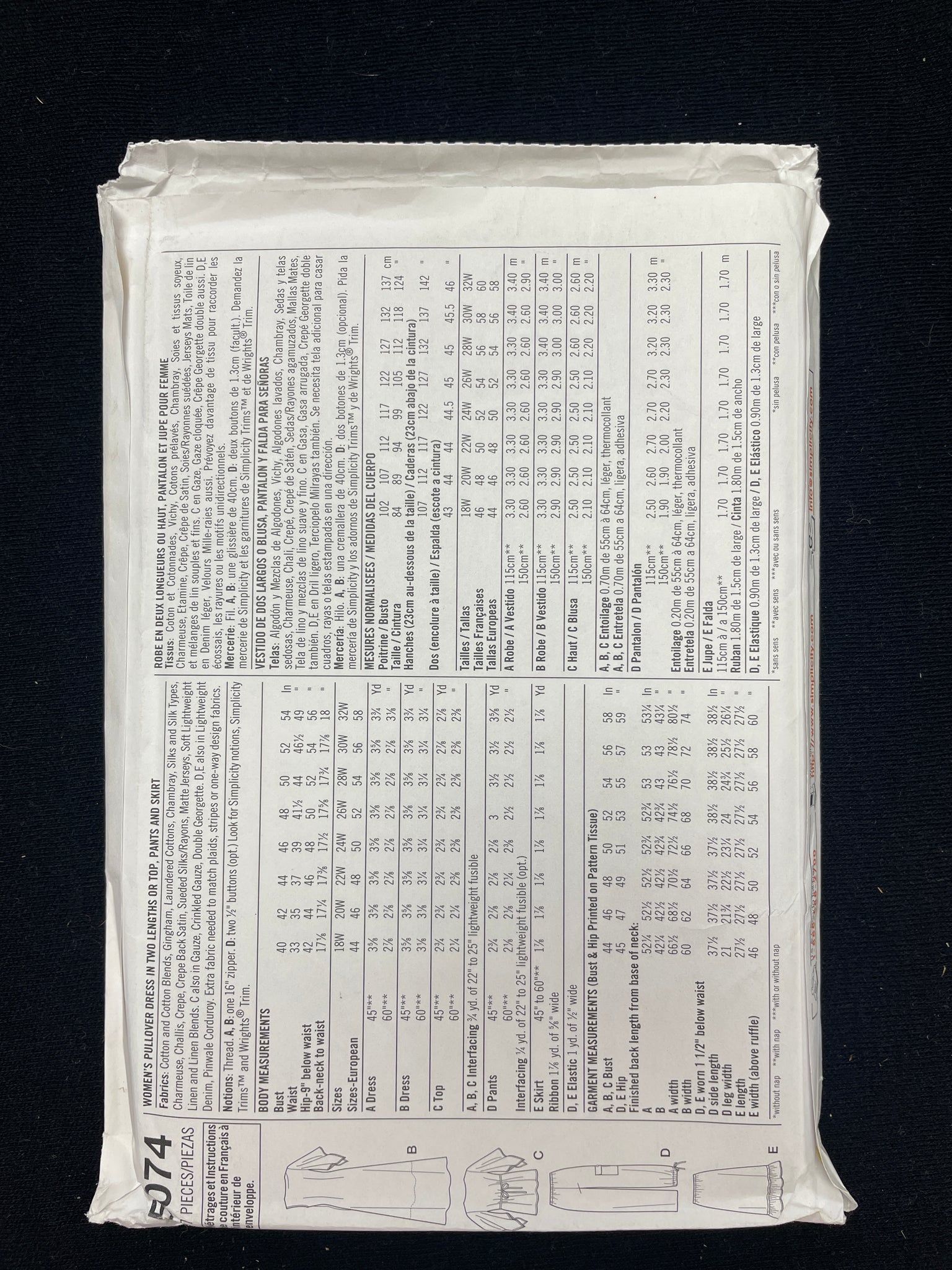 2004 Simplicity 5074 Sewing Pattern - Adult Dresses, Tops, Shorts and Pants FACTORY FOLDED