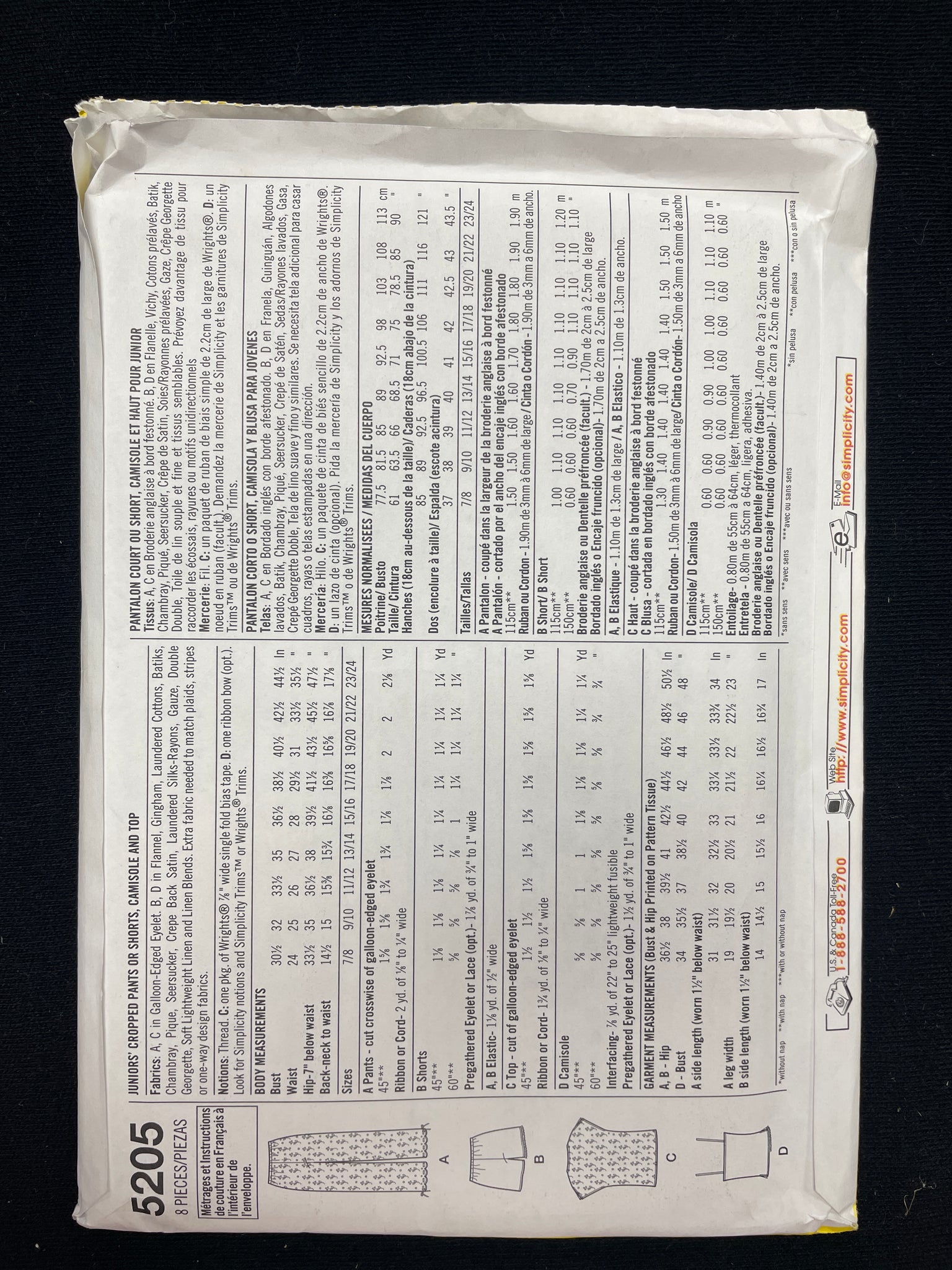 2004 Simplicity 5205 Sewing Pattern - Junior's Tops, Shorts and Cropped Pants FACTORY FOLDED