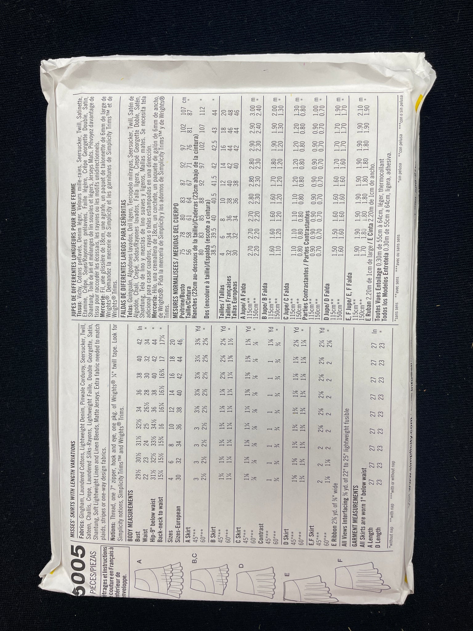 2004 Simplicity 5005 Sewing Pattern - Adult Skirts FACTORY FOLDED