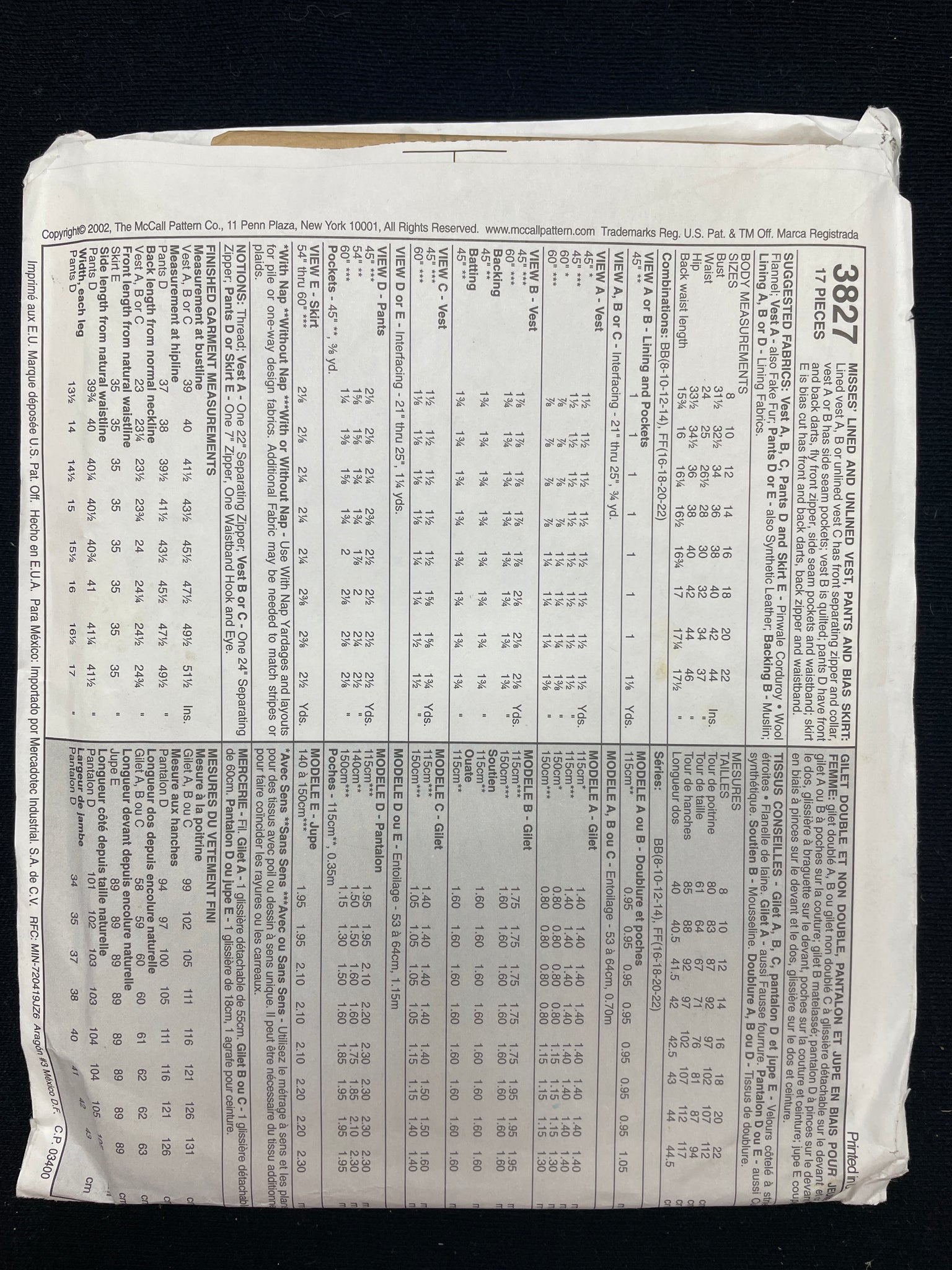 2002 McCall's 3827 Sewing Pattern - Adult Vest, Pants and Bias Skirt FACTORY FOLDED