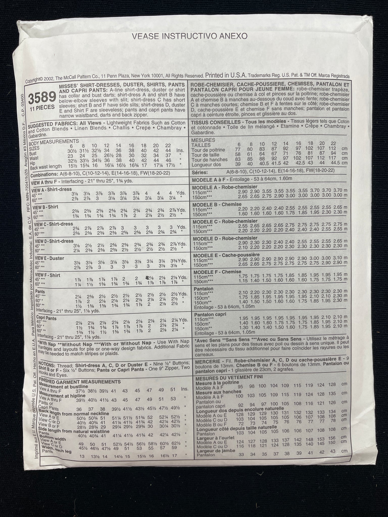 2002 McCall's 3589 Sewing Pattern - Adult Duster, Shirts Pants and Dresses FACTORY FOLDED