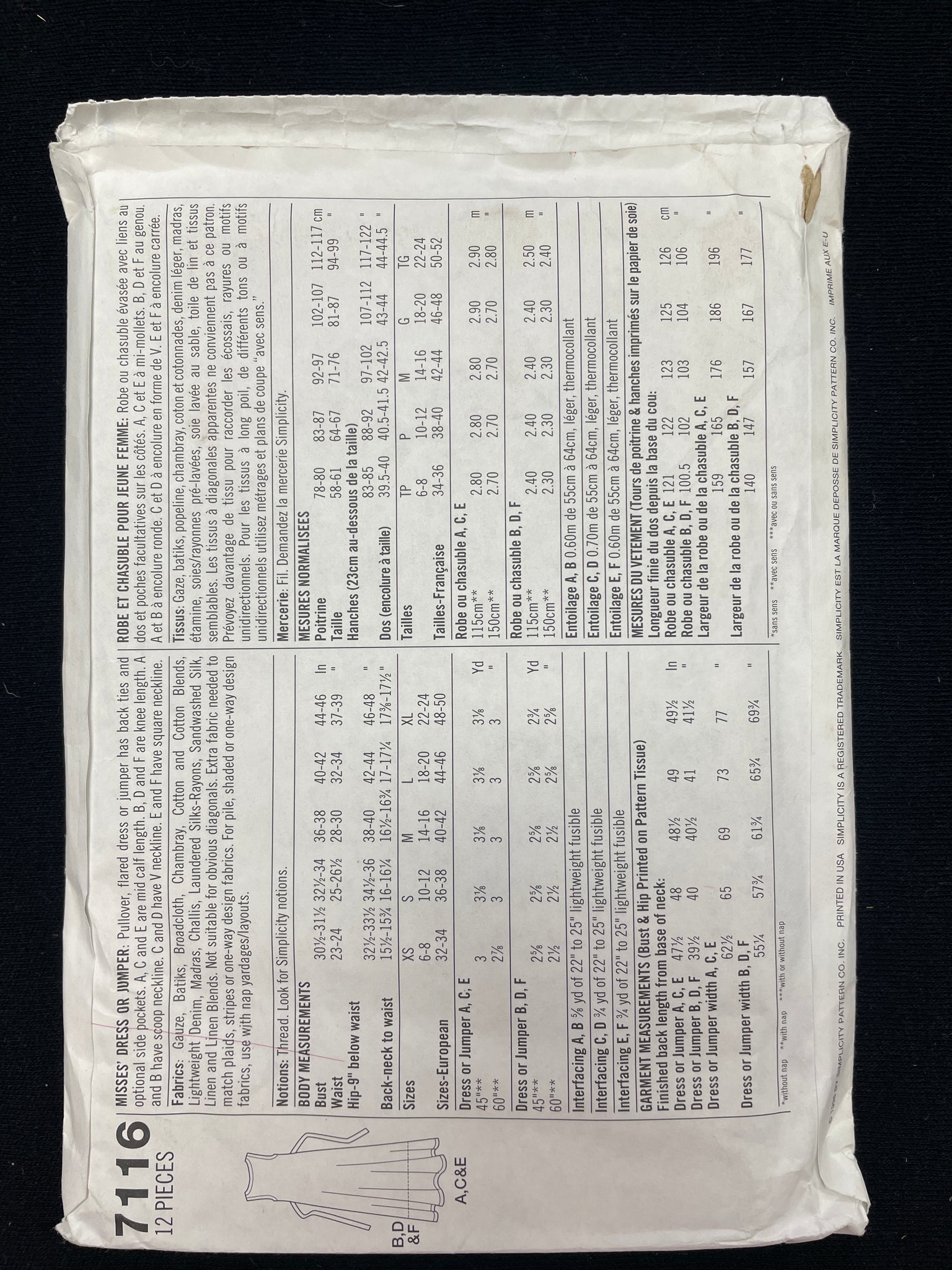 1996 Simplicity 7116 Sewing Pattern - Adult Dresses FACTORY FOLDED