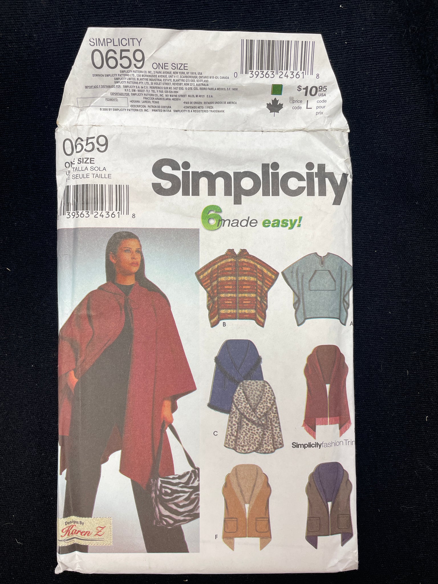 2000 Simplicity 0659 Sewing Pattern - Adult Ponchos and Wraps FACTORY FOLDED