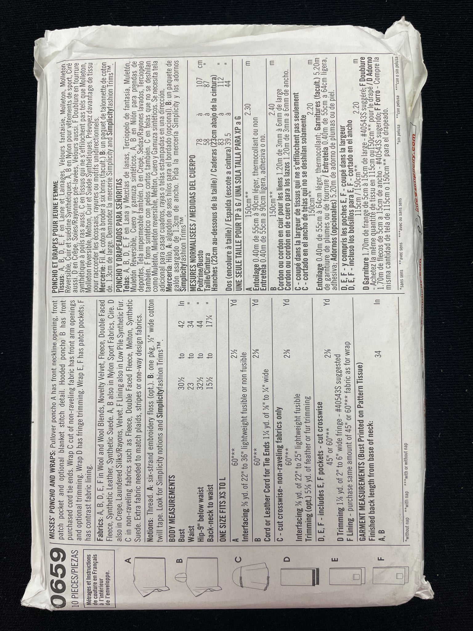 2000 Simplicity 0659 Sewing Pattern - Adult Ponchos and Wraps FACTORY FOLDED