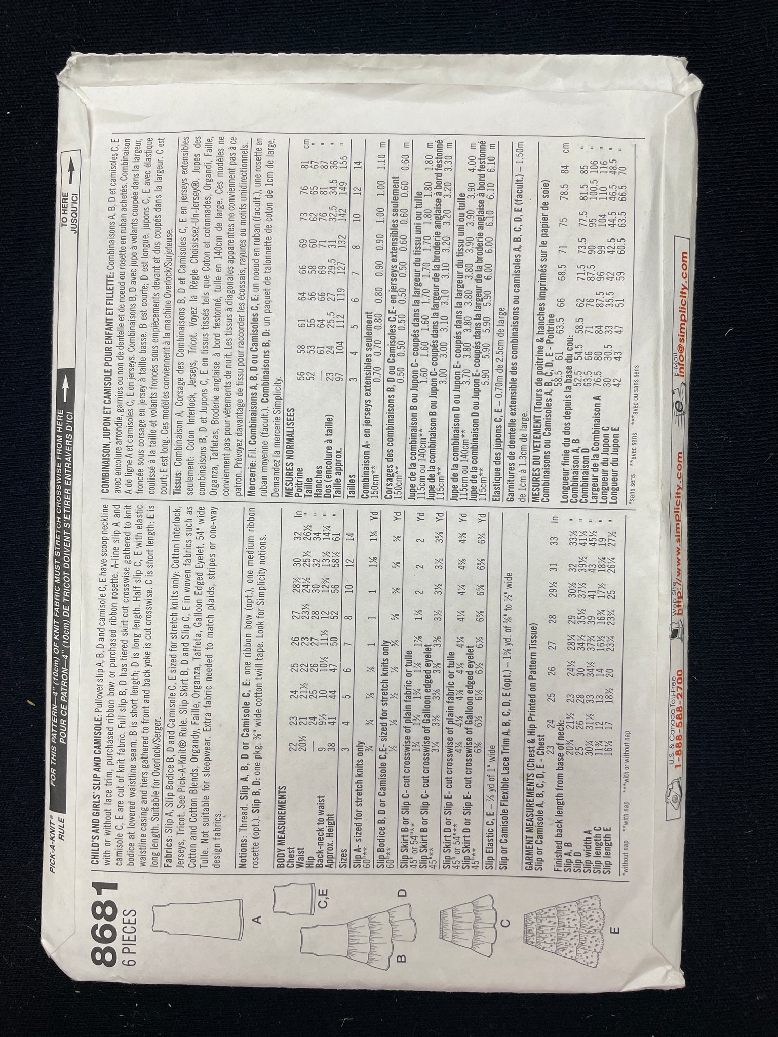 1999 Simplicity 8681 Sewing Pattern - Child's Camisole, Slip and Petticoat FACTORY FOLDED