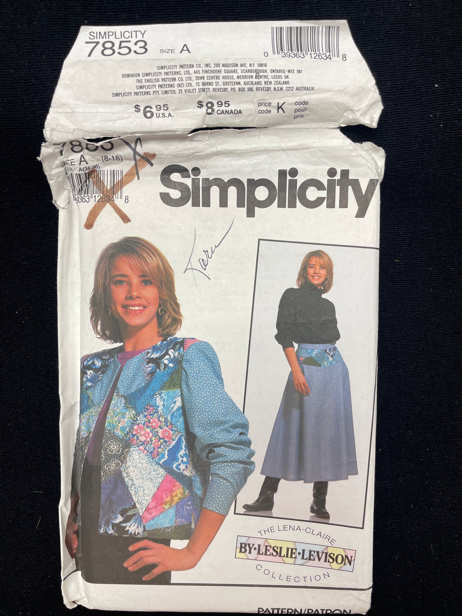 1992 Simplicity 7853 Sewing Pattern - Adult Patchwork Jacket and Skirt FACTORY FOLDED