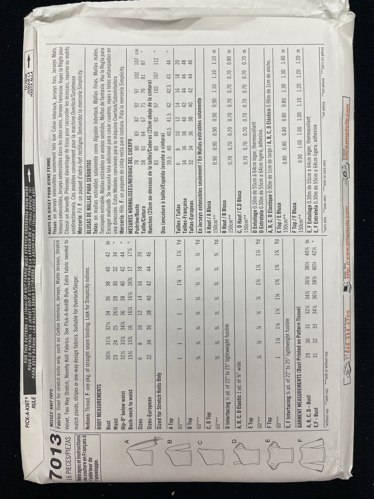 2001 Simplicity 7013 Sewing Pattern - Adult Tops FACTORY FOLDED