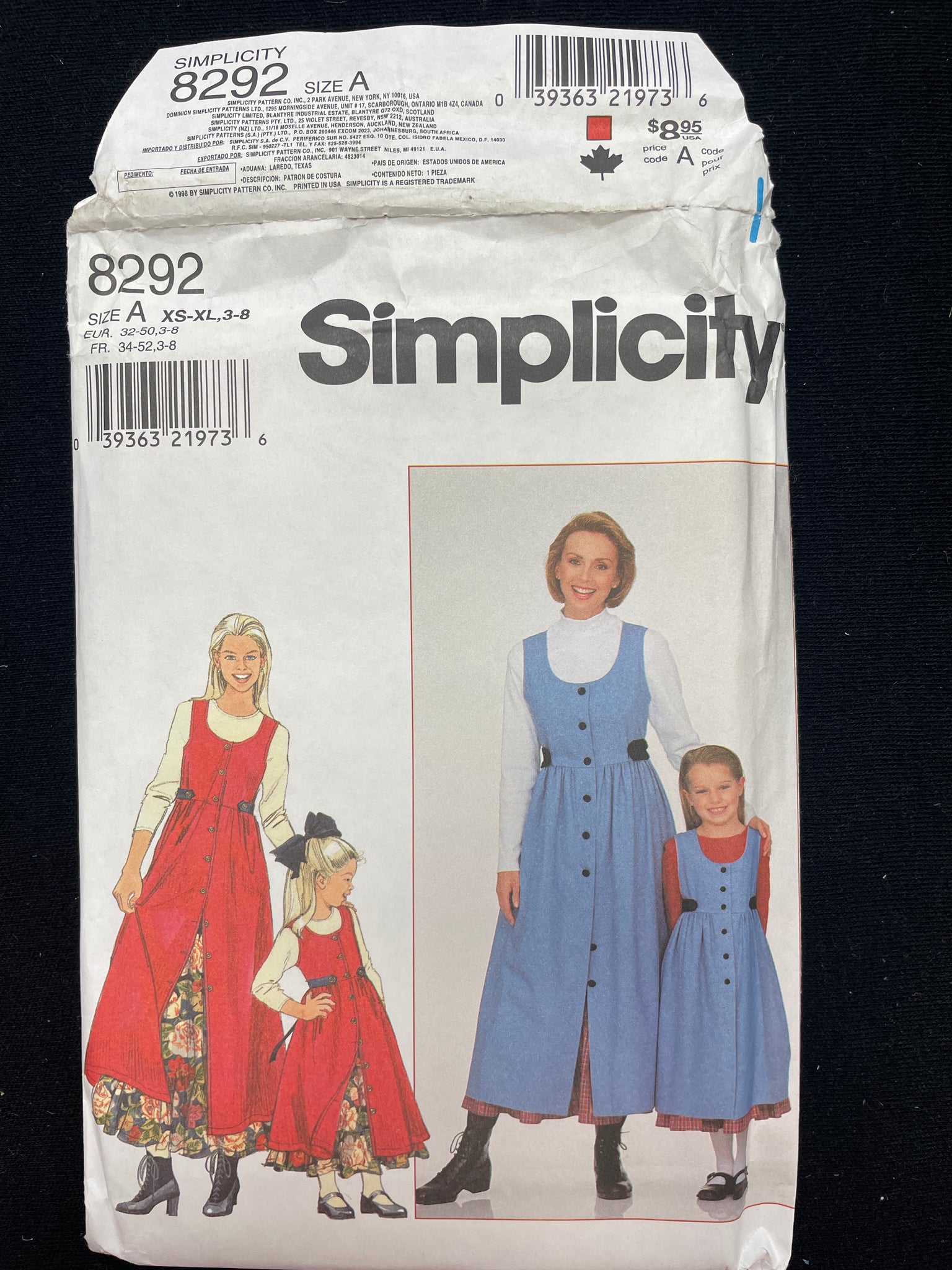 1998 Simplicity 8292 Sewing Pattern - Adult and Child's Jumper Dress and Petticoat FACTORY FOLDED