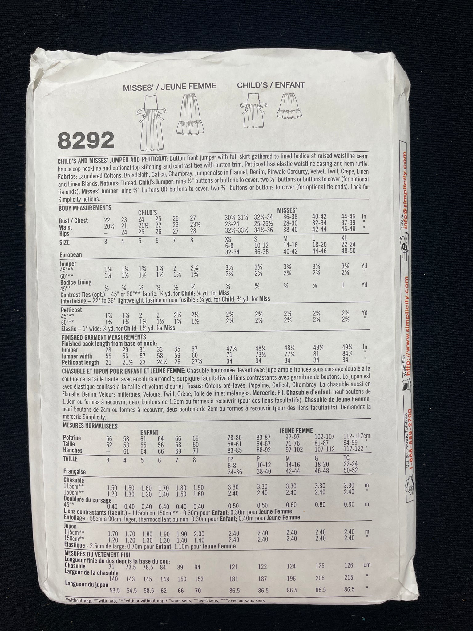 1998 Simplicity 8292 Sewing Pattern - Adult and Child's Jumper Dress and Petticoat FACTORY FOLDED