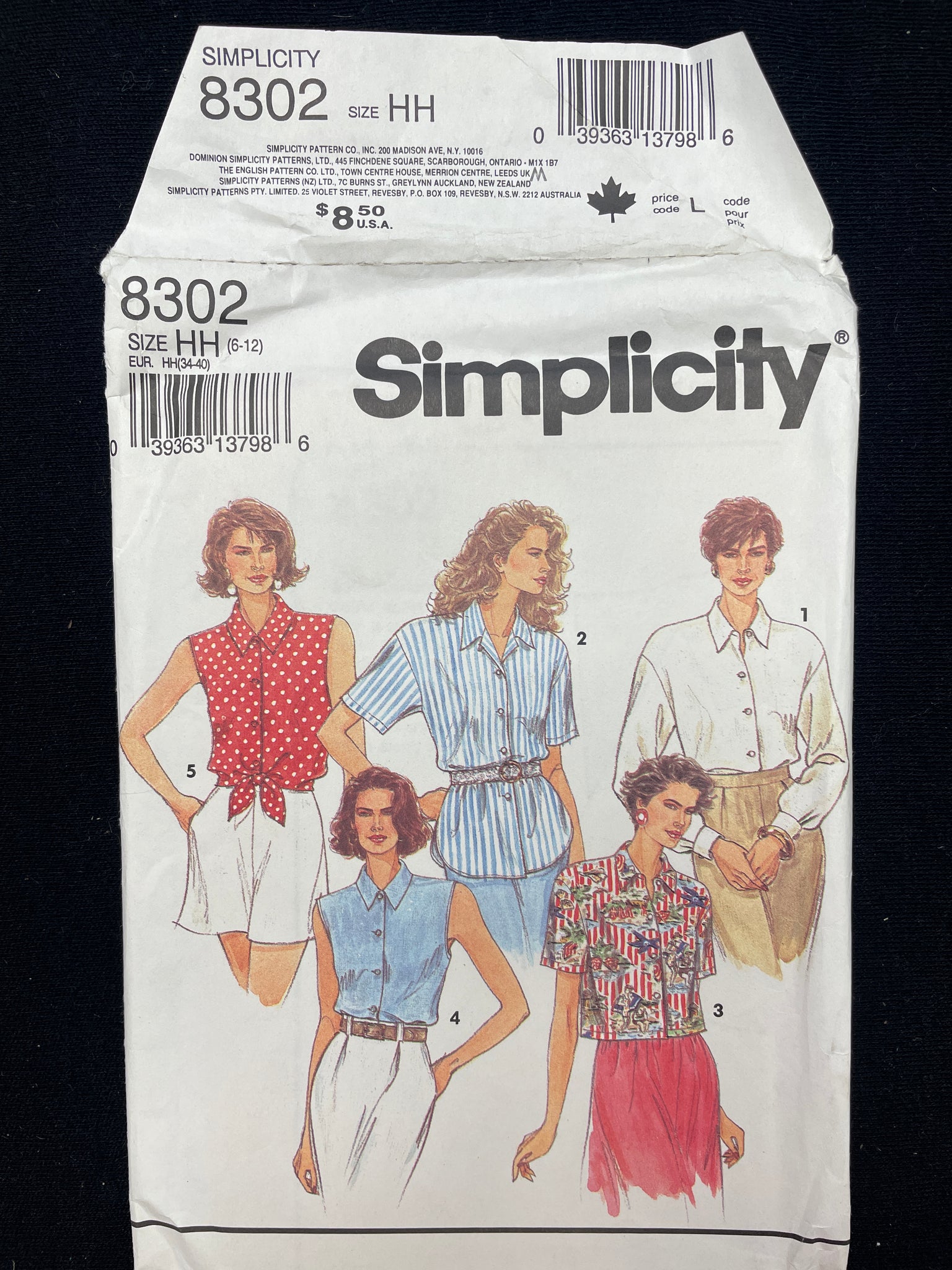 1993 Simplicity 8302 Sewing Pattern - Adult Tops FACTORY FOLDED