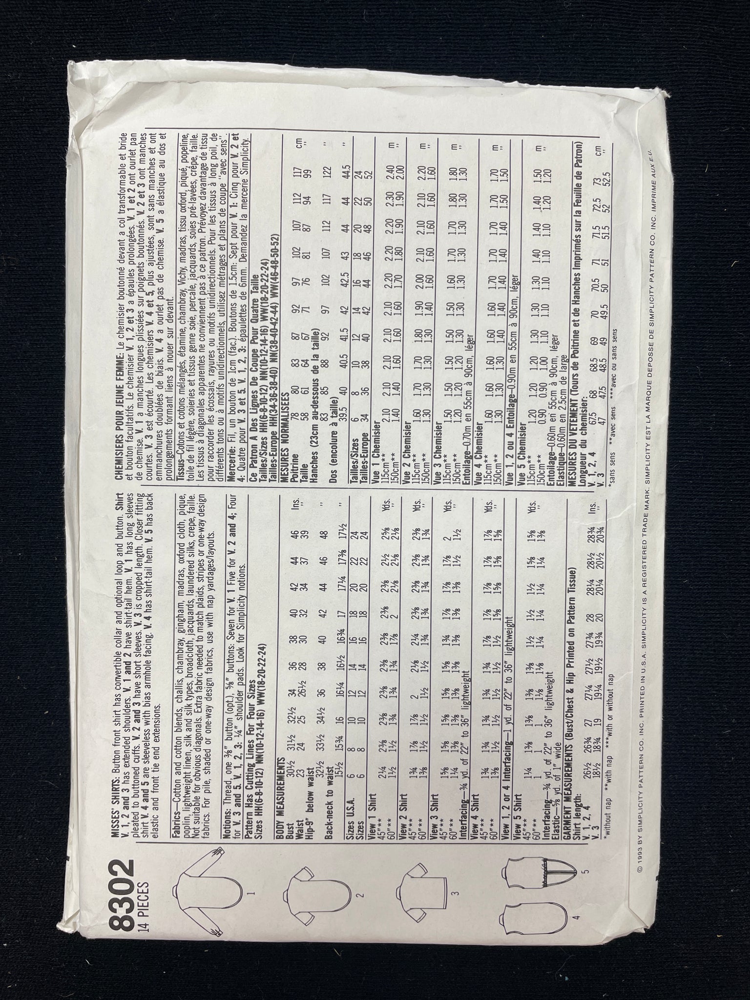 1993 Simplicity 8302 Sewing Pattern - Adult Tops FACTORY FOLDED