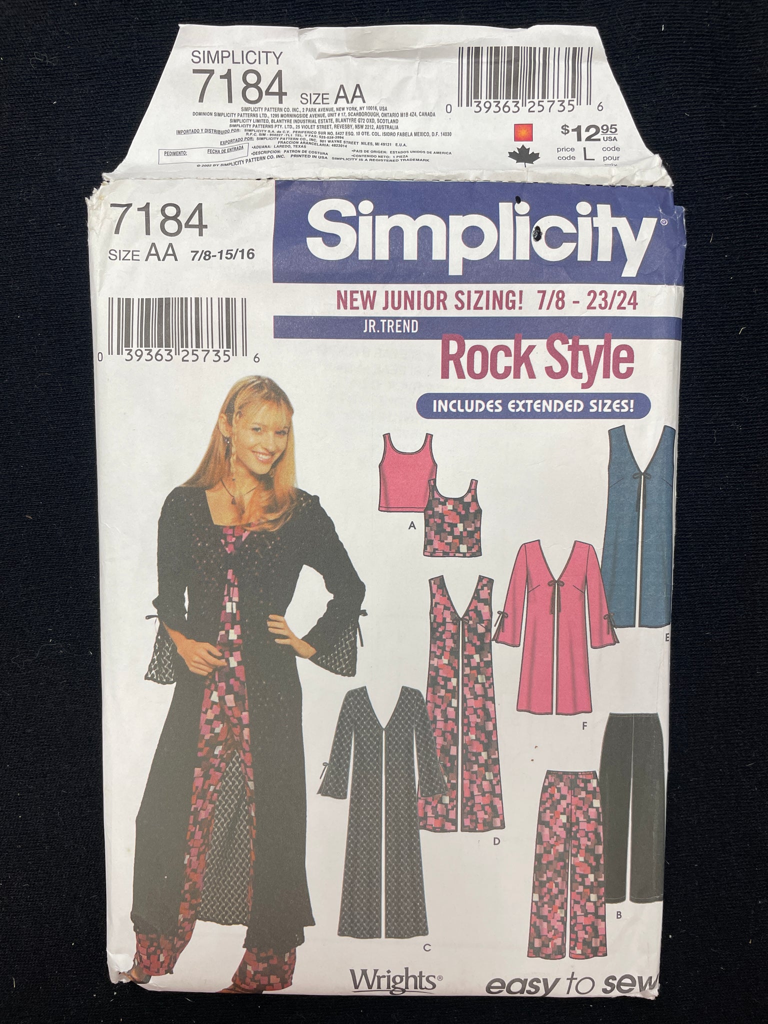 2002 Simplicity 7184 Sewing Pattern - Junior's Coat, Vest, Tank Top and Pants FACTORY FOLDED