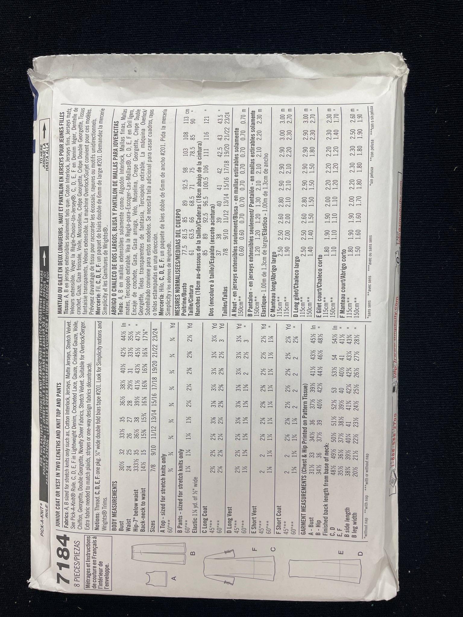 2002 Simplicity 7184 Sewing Pattern - Junior's Coat, Vest, Tank Top and Pants FACTORY FOLDED