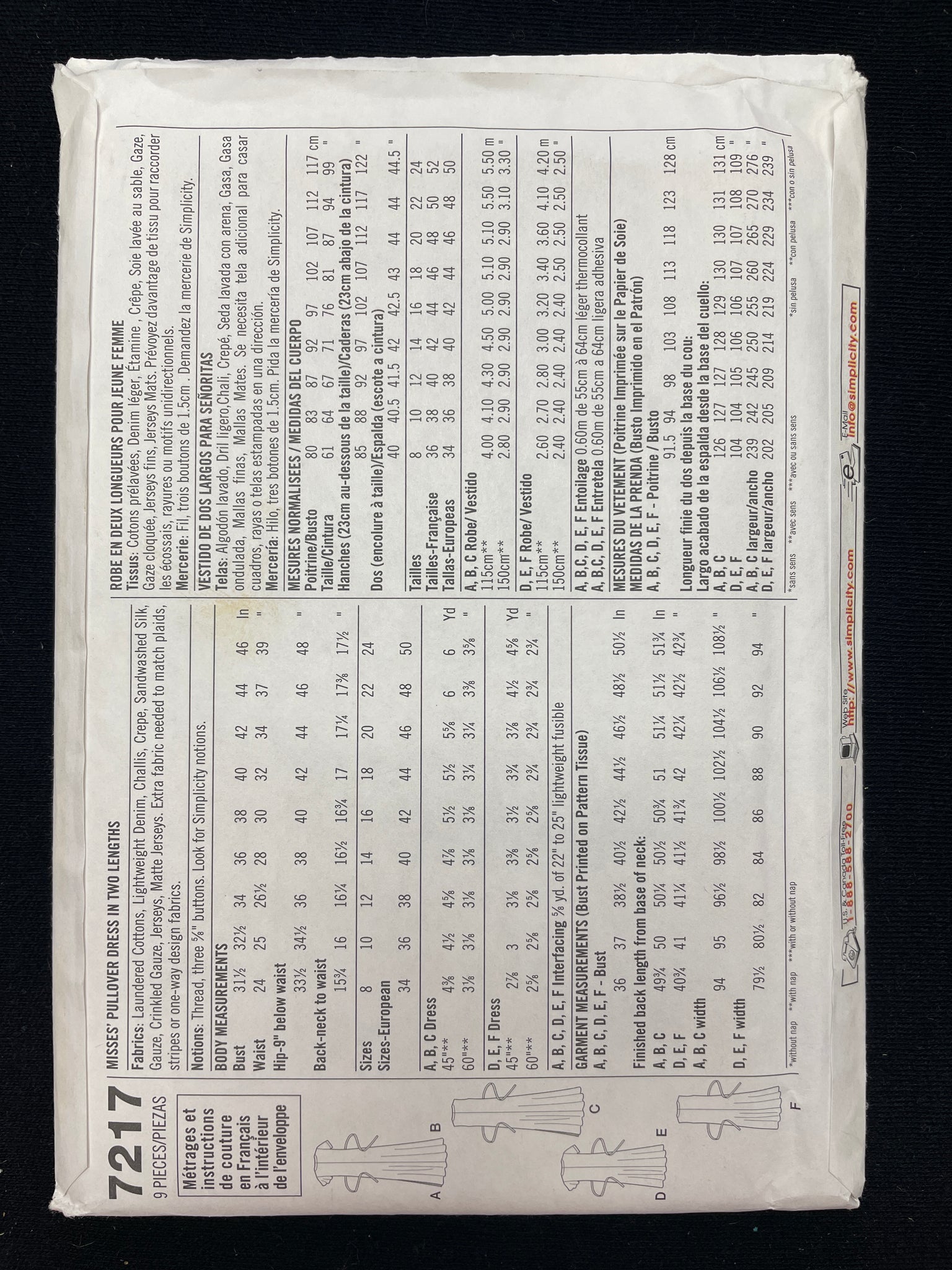 2002 Simplicity 7217 Sewing Pattern - Adult Dresses FACTORY FOLDED