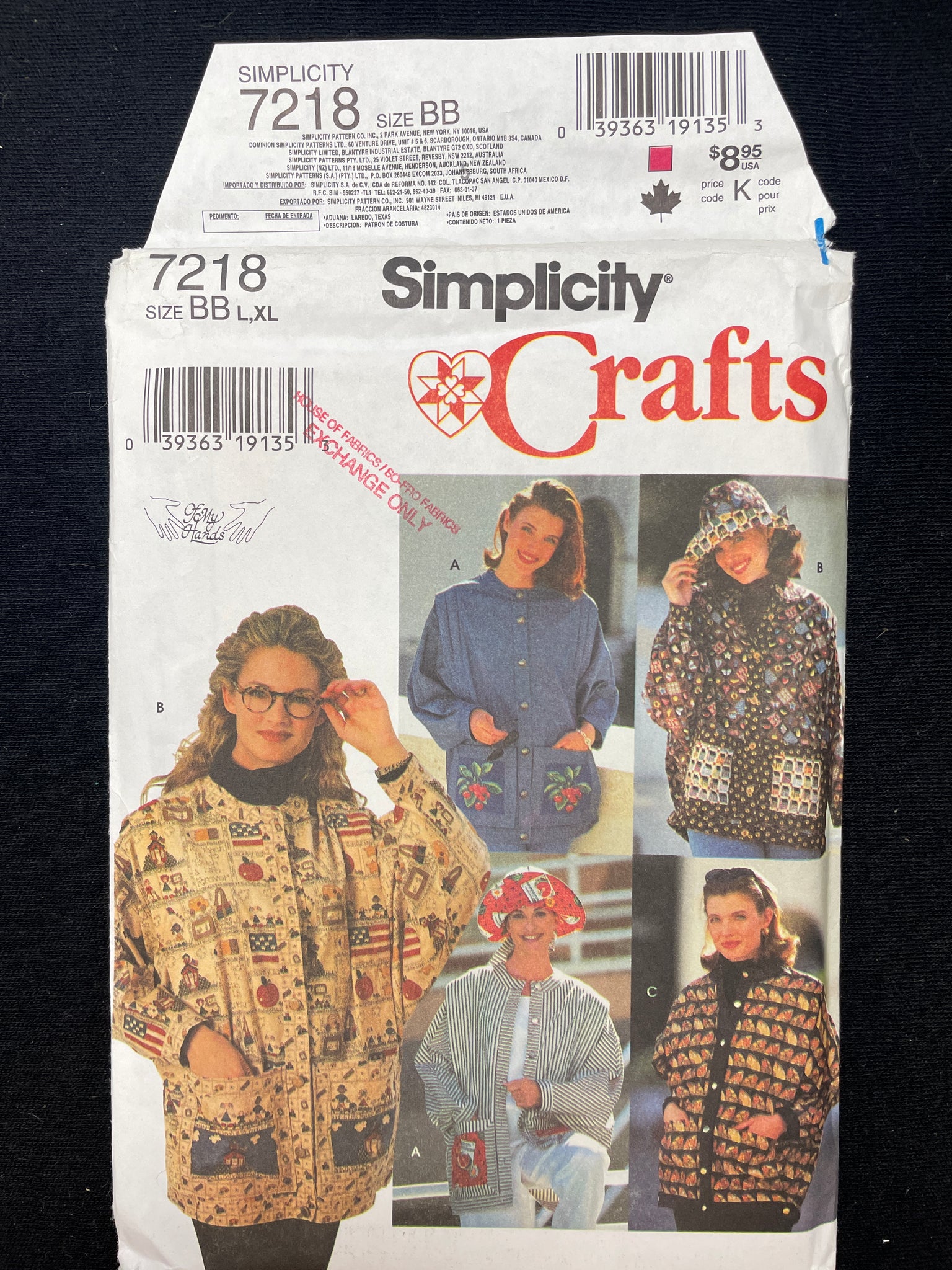 1996 Simplicity 7218 Sewing Pattern - Adult Jacket and Hat FACTORY FOLDED