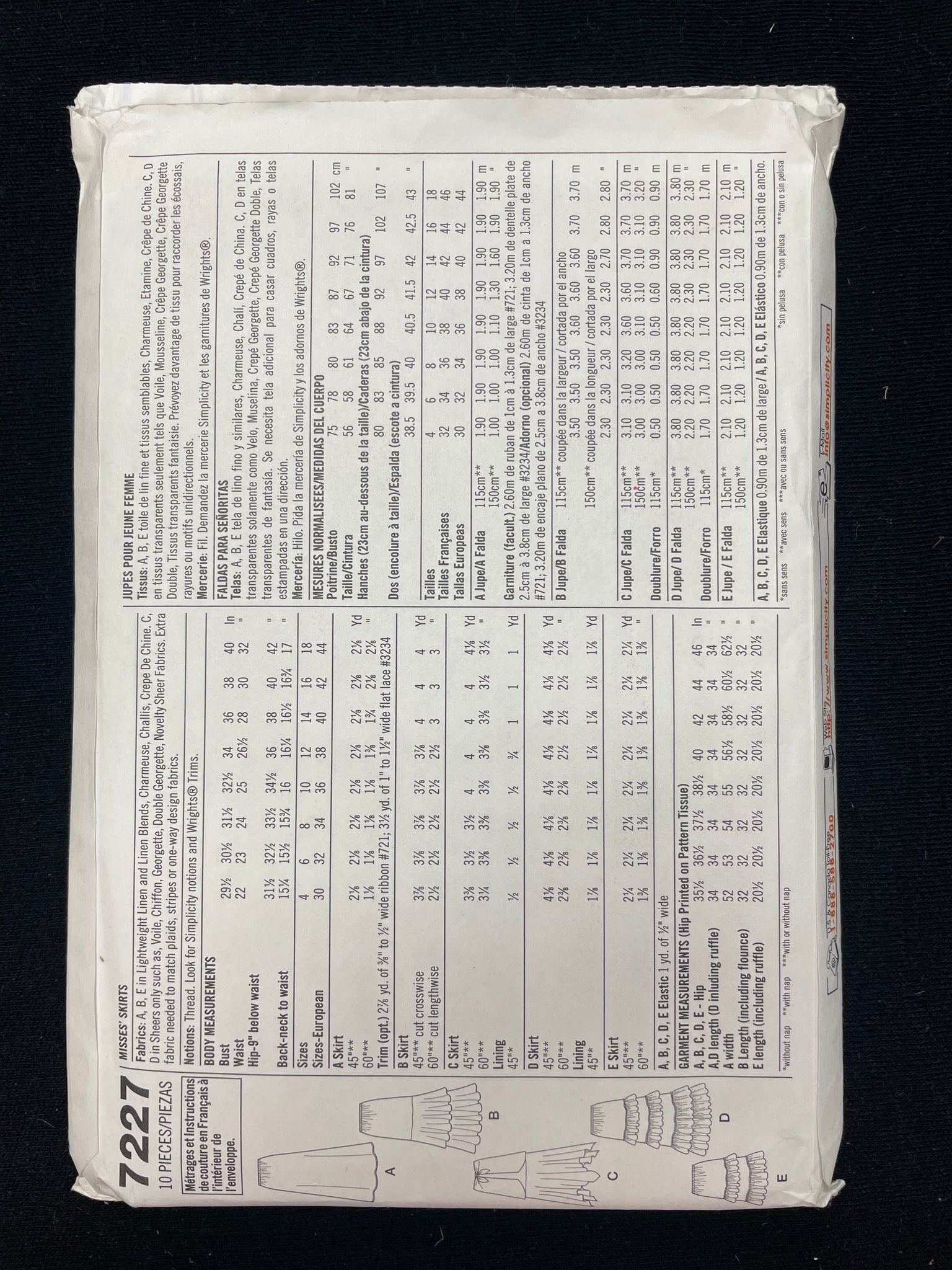 2002 Simplicity 7227 Sewing Pattern - Skirts FACTORY FOLDED