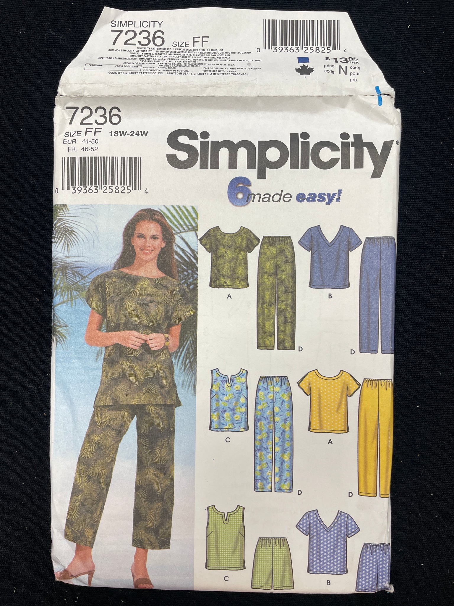 2002 Simplicity 7236 Sewing Pattern - Adult Tops, Pants and Shorts FACTORY FOLDED