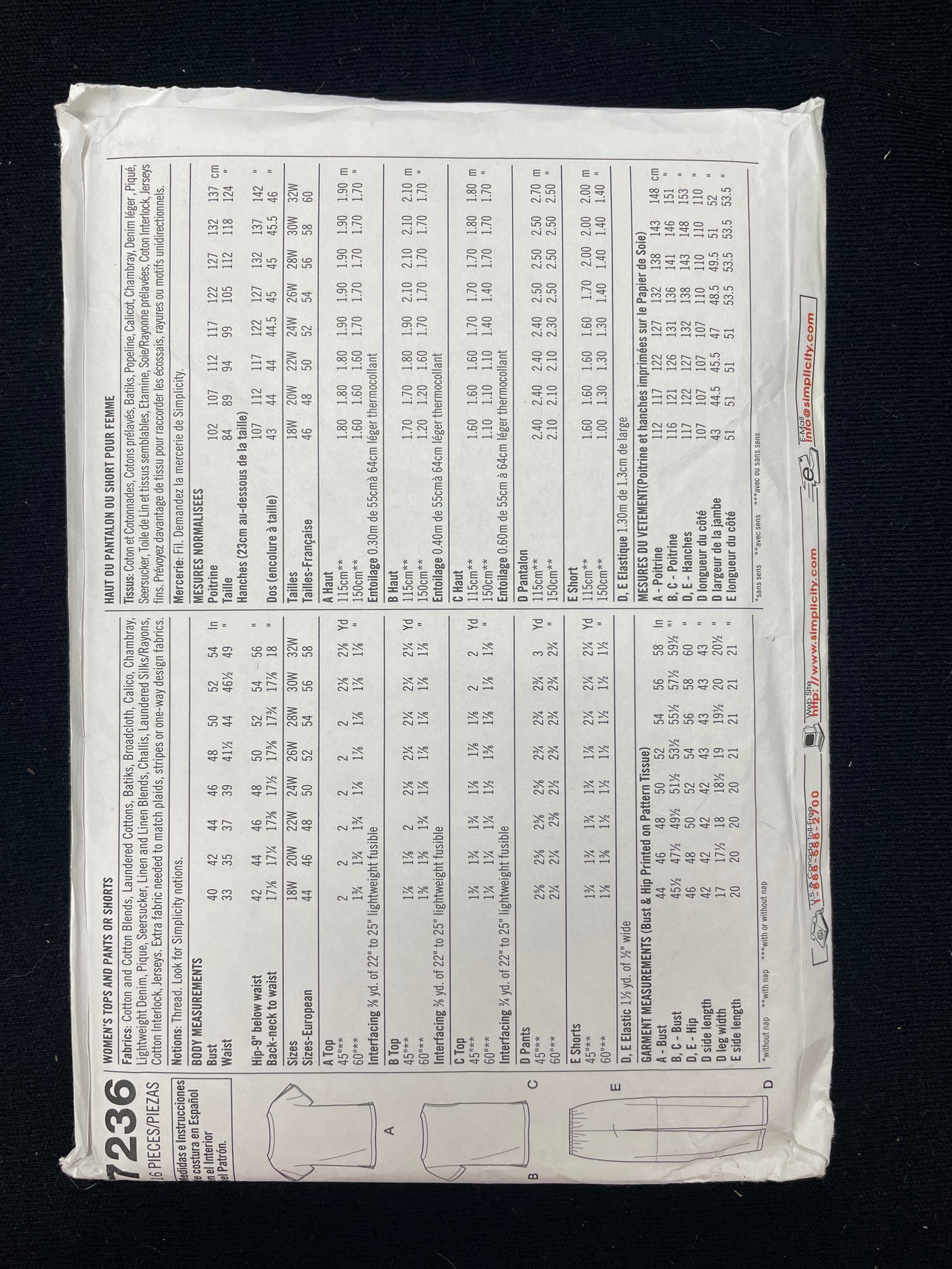 2002 Simplicity 7236 Sewing Pattern - Adult Tops, Pants and Shorts FACTORY FOLDED