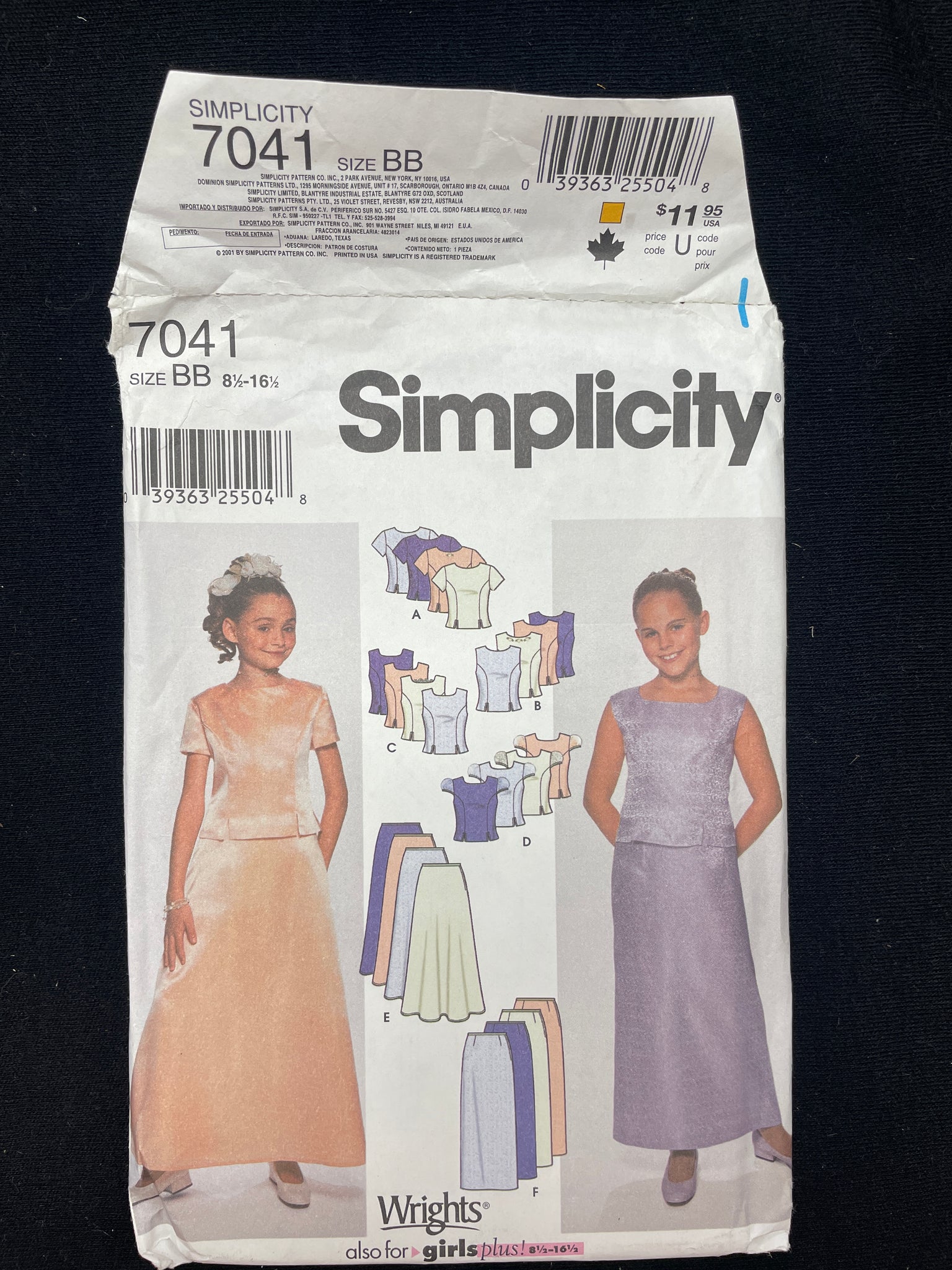 2001 Simplicity 7041 Sewing Pattern - Child's Bodices and Skirts FACTORY FOLDED