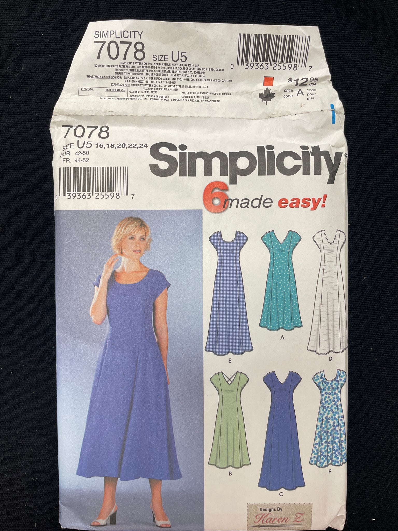 2002 Simplicity 7078 Sewing Pattern - Adult Dresses FACTORY FOLDED