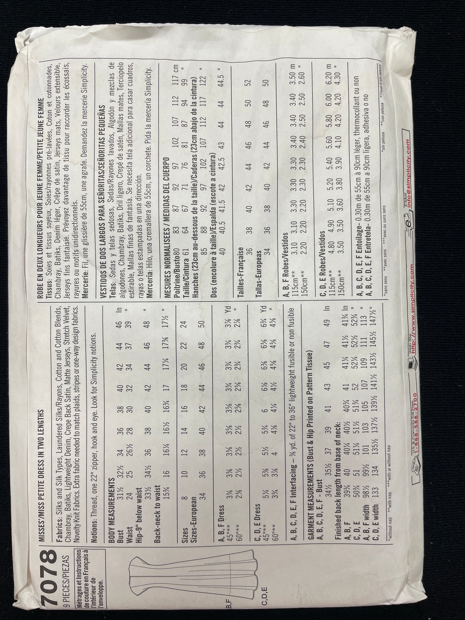 2002 Simplicity 7078 Sewing Pattern - Adult Dresses FACTORY FOLDED