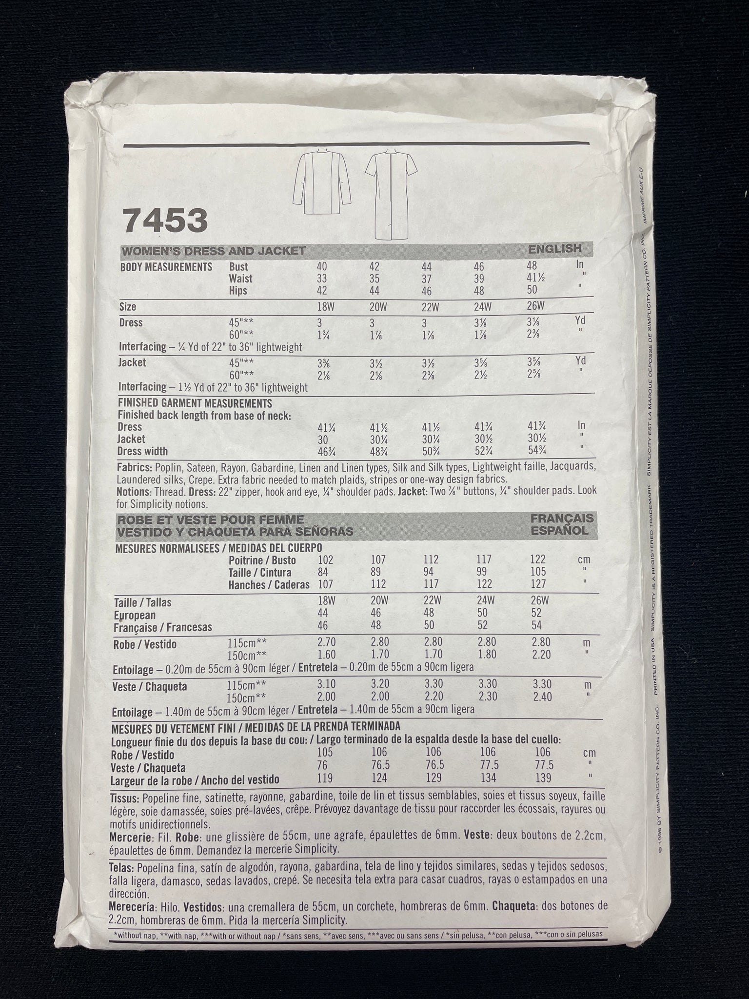 1996 Simplicity 7453 Sewing Pattern - Adult Dress and Jacket FACTORY FOLDED