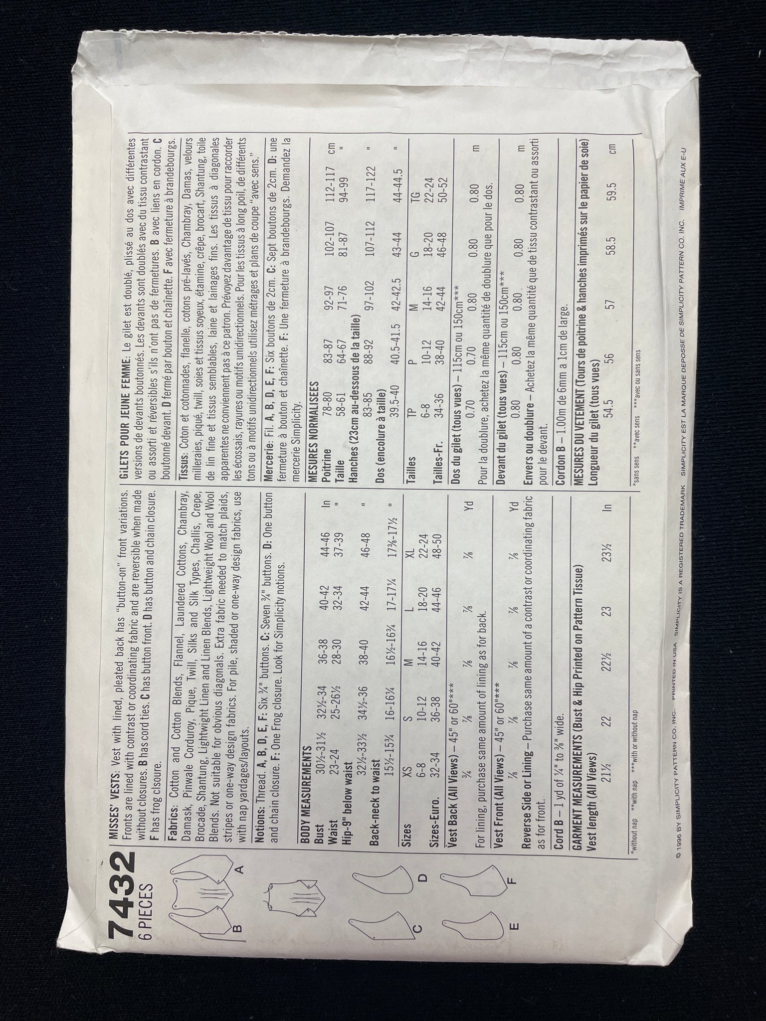 1996 Simplicity 7432 Sewing Pattern - Adult Vests FACTORY FOLDED