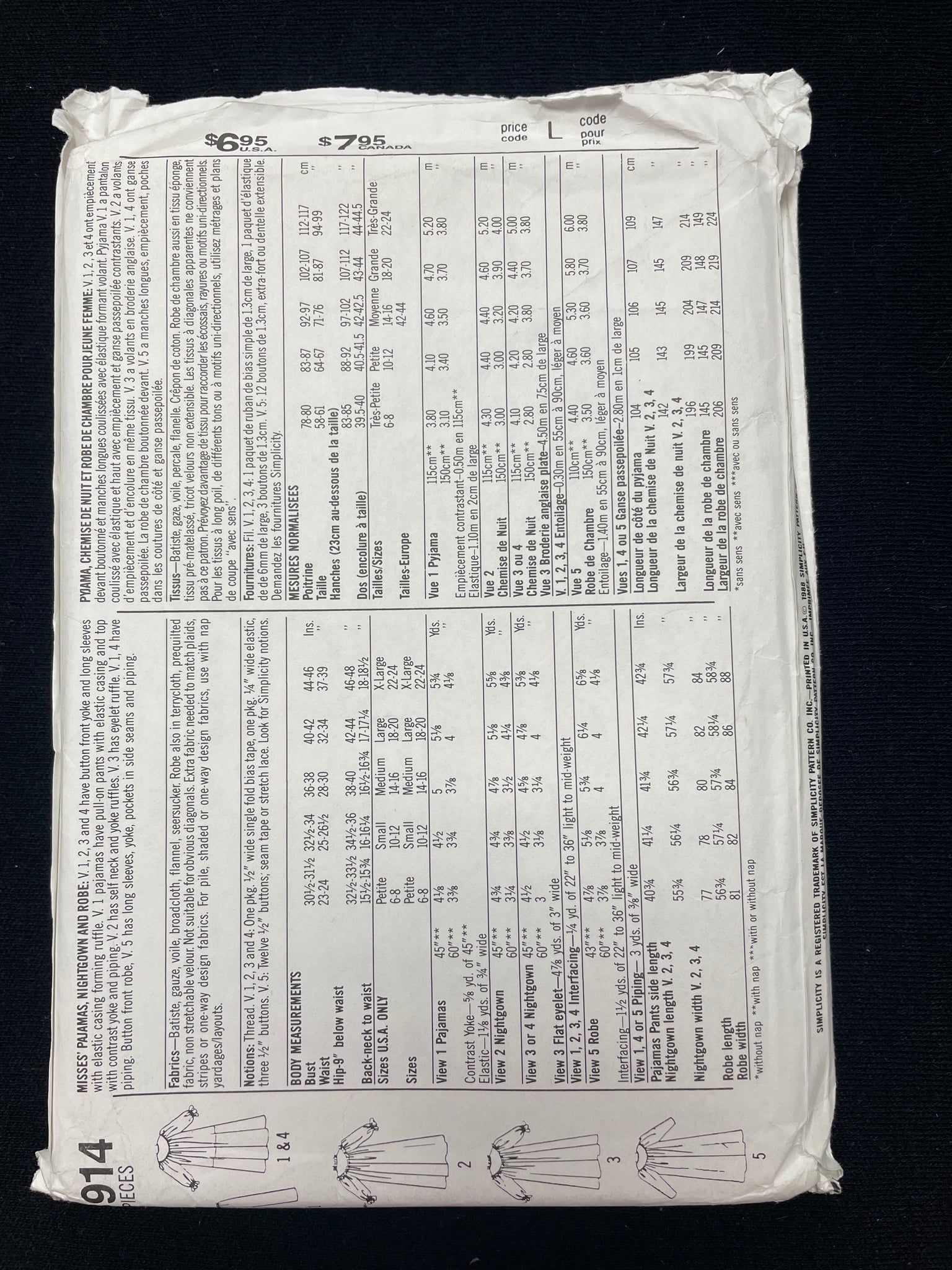 1988 Simplicity 8914 Sewing Pattern - Adult Nightgowns and Pajamas FACTORY FOLDED