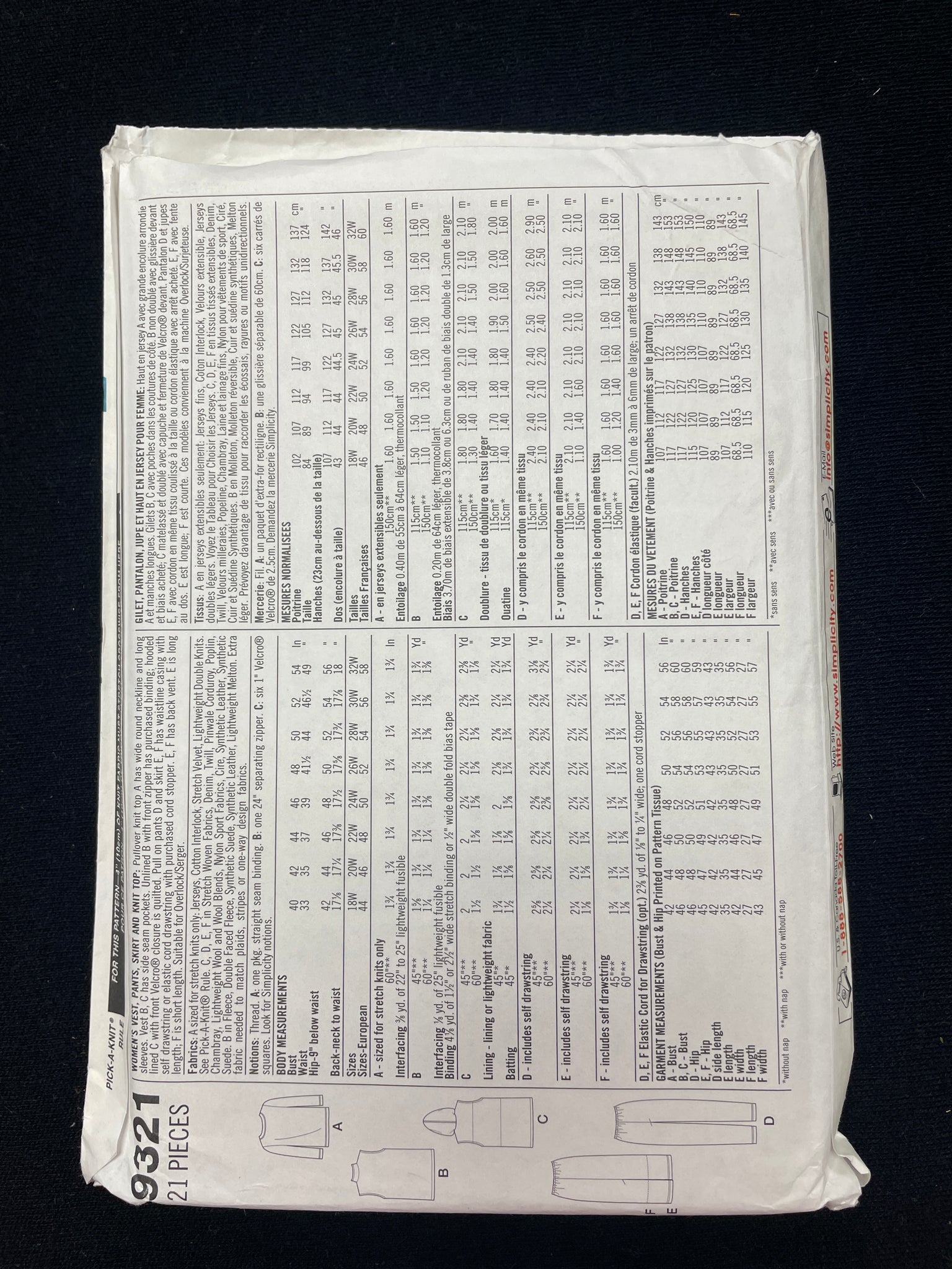 2000 Simplicity 9321 Sewing Pattern - Adult Knit Vest, Pants, Skirt and Top FACTORY FOLDED