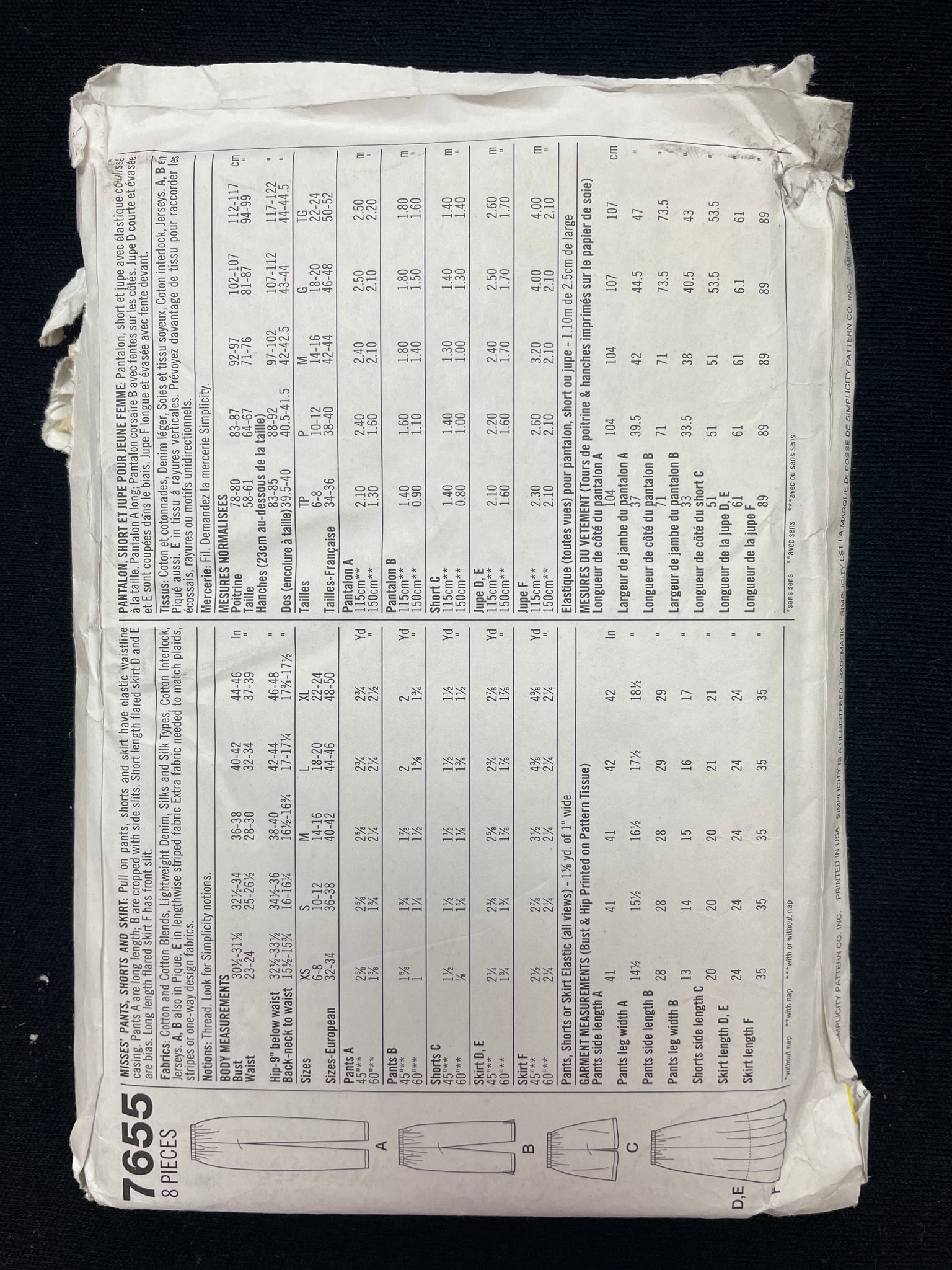 1997 Simplicity 7655 Sewing Pattern - Adult Skirts, Pants and Shorts FACTORY FOLDED