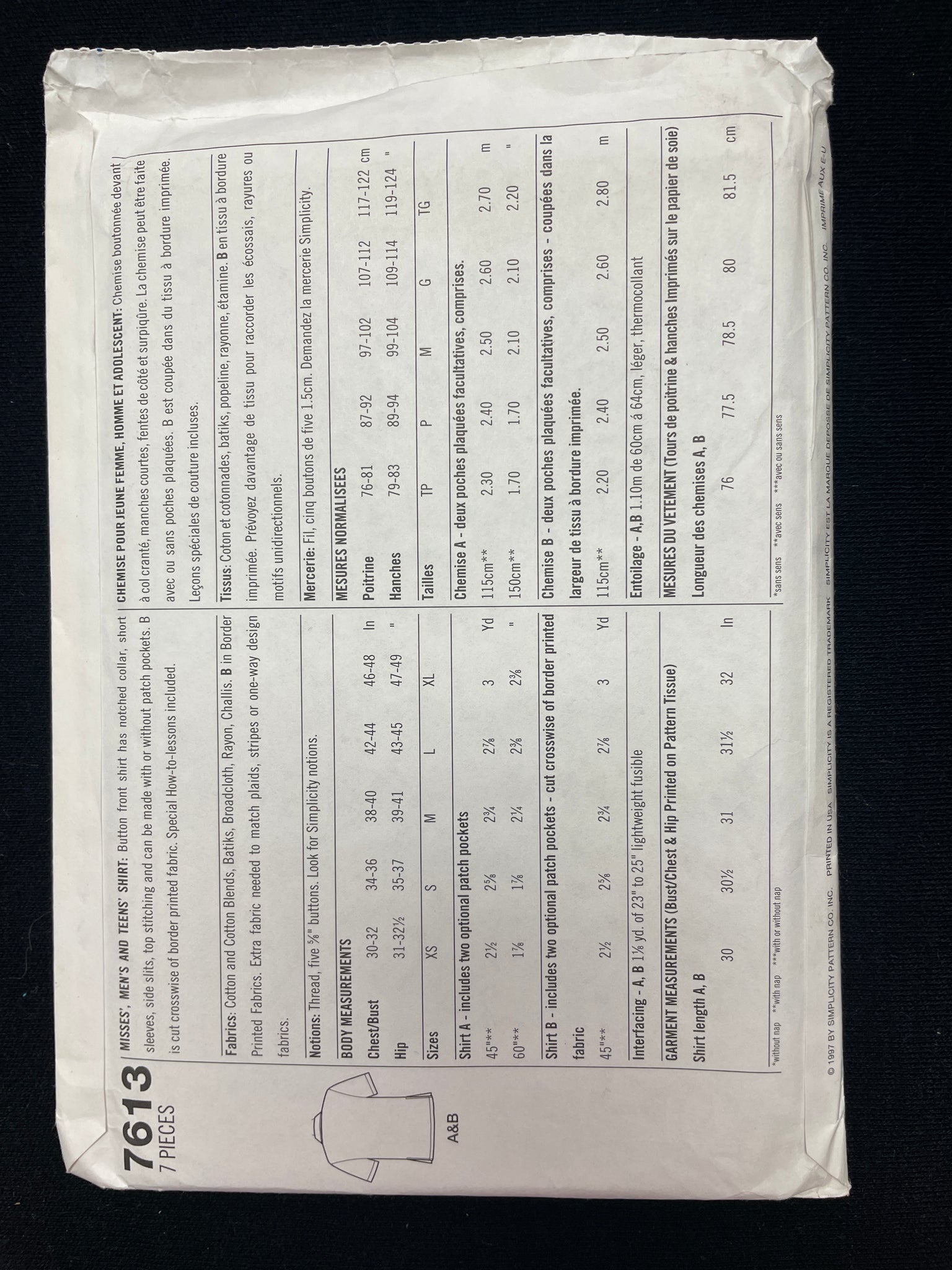 1997 Simplicity 7613 Sewing Pattern - Adult Camp Shirts FACTORY FOLDED