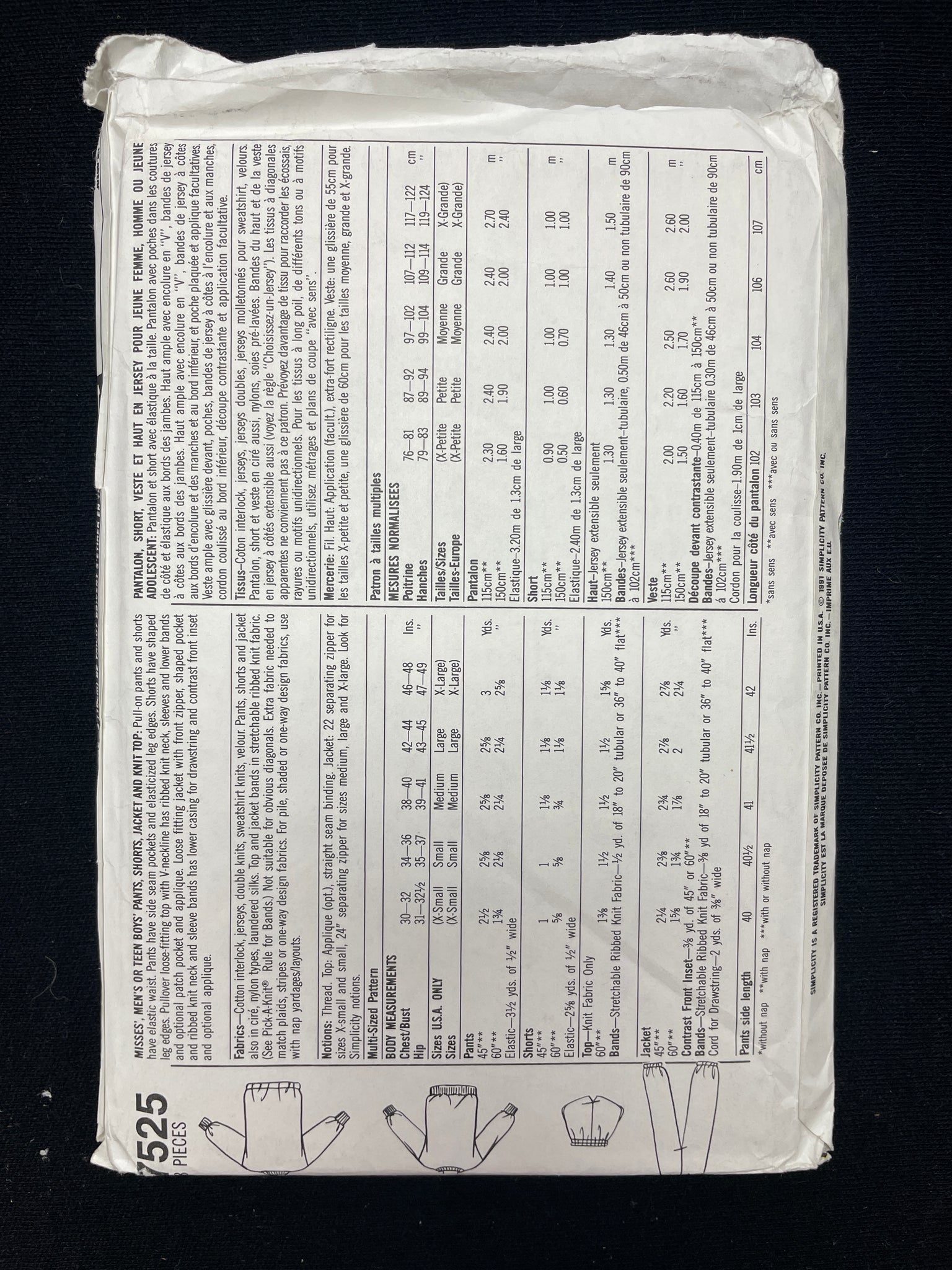 1991 Simplicity 7525 Sewing Pattern - Adult Pants, Shorts, Jacket and Knit Top FACTORY FOLDED