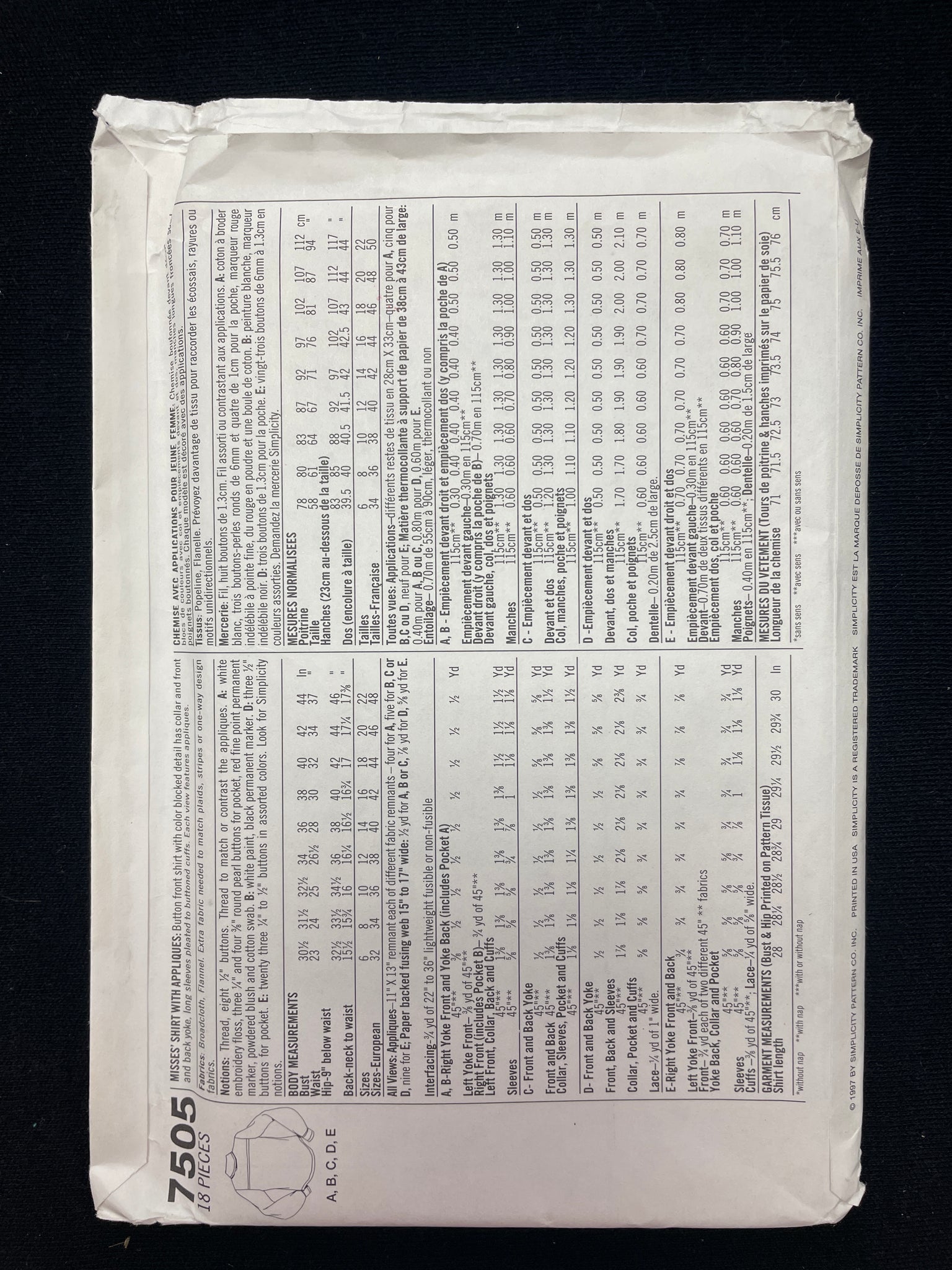 1997 Simplicity 7505 Sewing Pattern - Adult Shirt with Seasonal Appliques FACTORY FOLDED