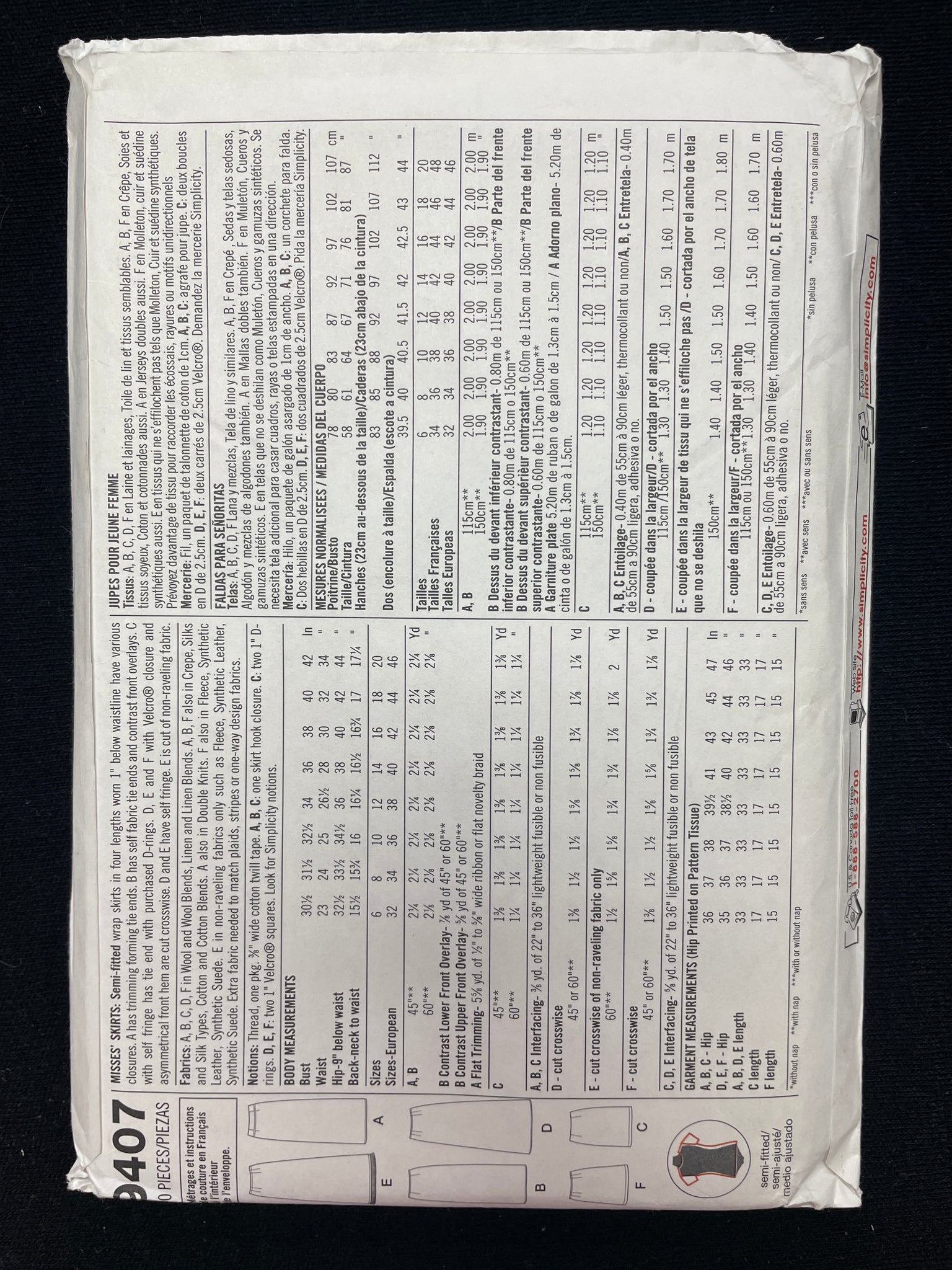 2000 Simplicity 9407 Sewing Pattern - Adult Wrap Skirts FACTORY FOLDED