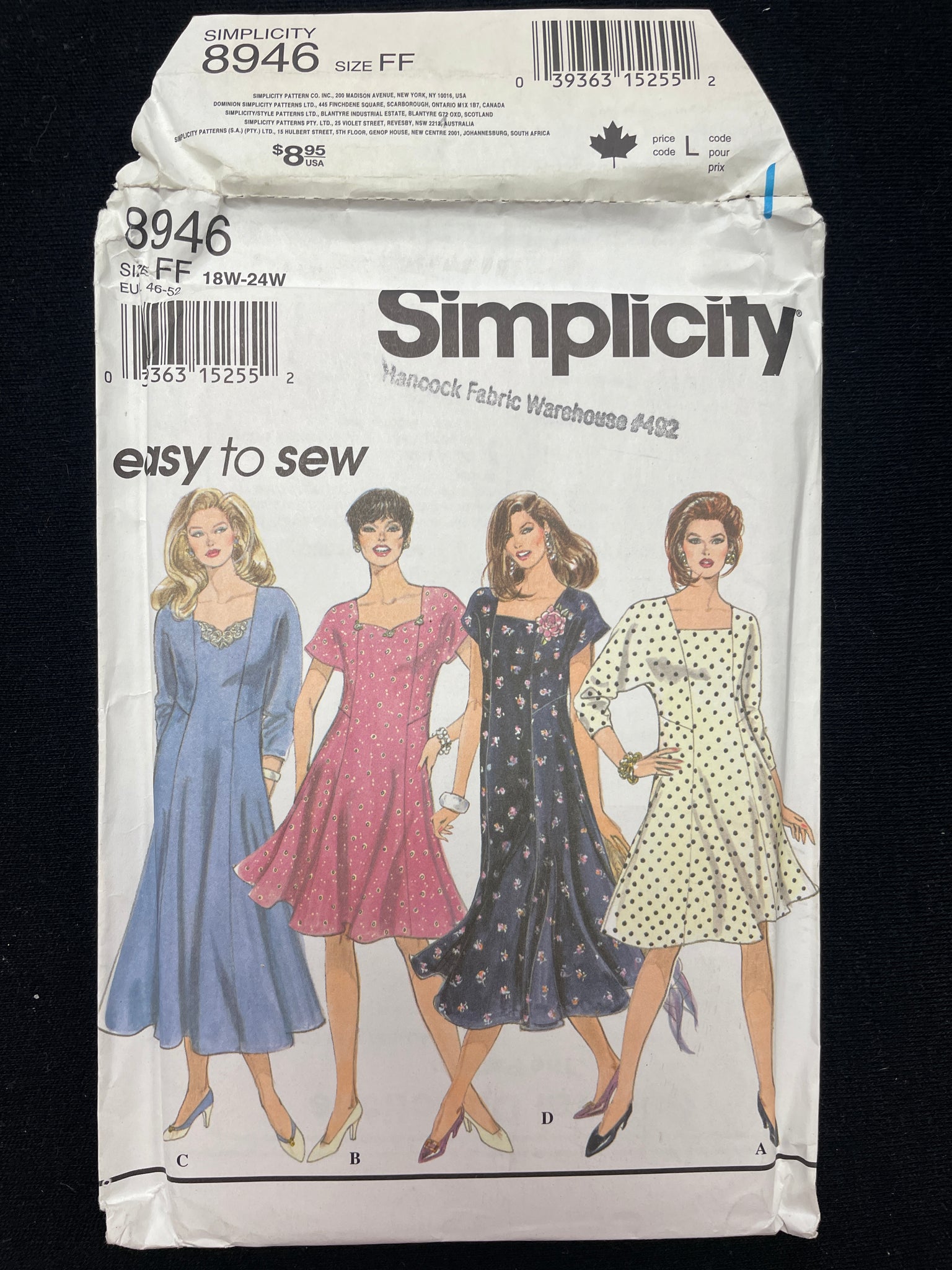 1994 Simplicity 8946 Sewing Pattern - Adult Dresses FACTORY FOLDED