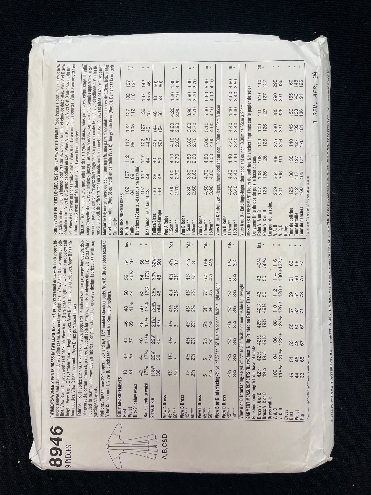 1994 Simplicity 8946 Sewing Pattern - Adult Dresses FACTORY FOLDED