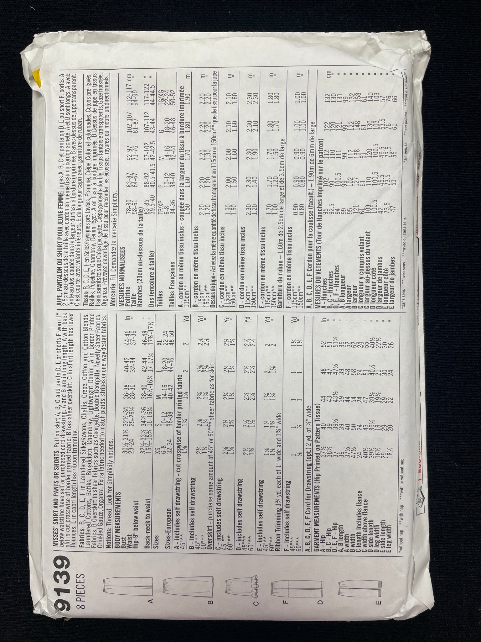 2000 Simplicity 9139 Sewing Pattern - Adult Skirts, Pants and Shorts FACTORY FOLDED