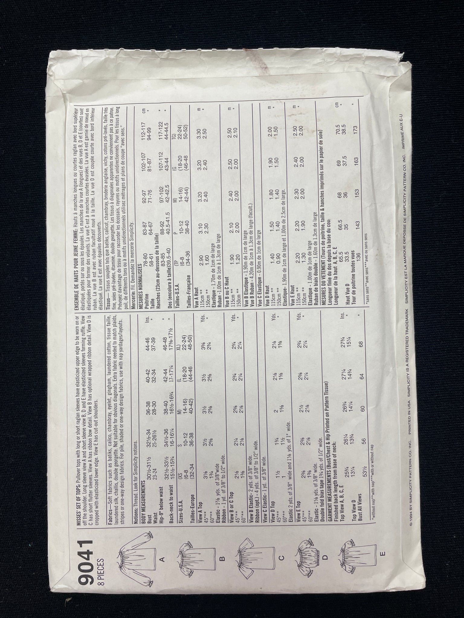 1994 Simplicity 9041 Sewing Pattern - Adult Tops FACTORY FOLDED