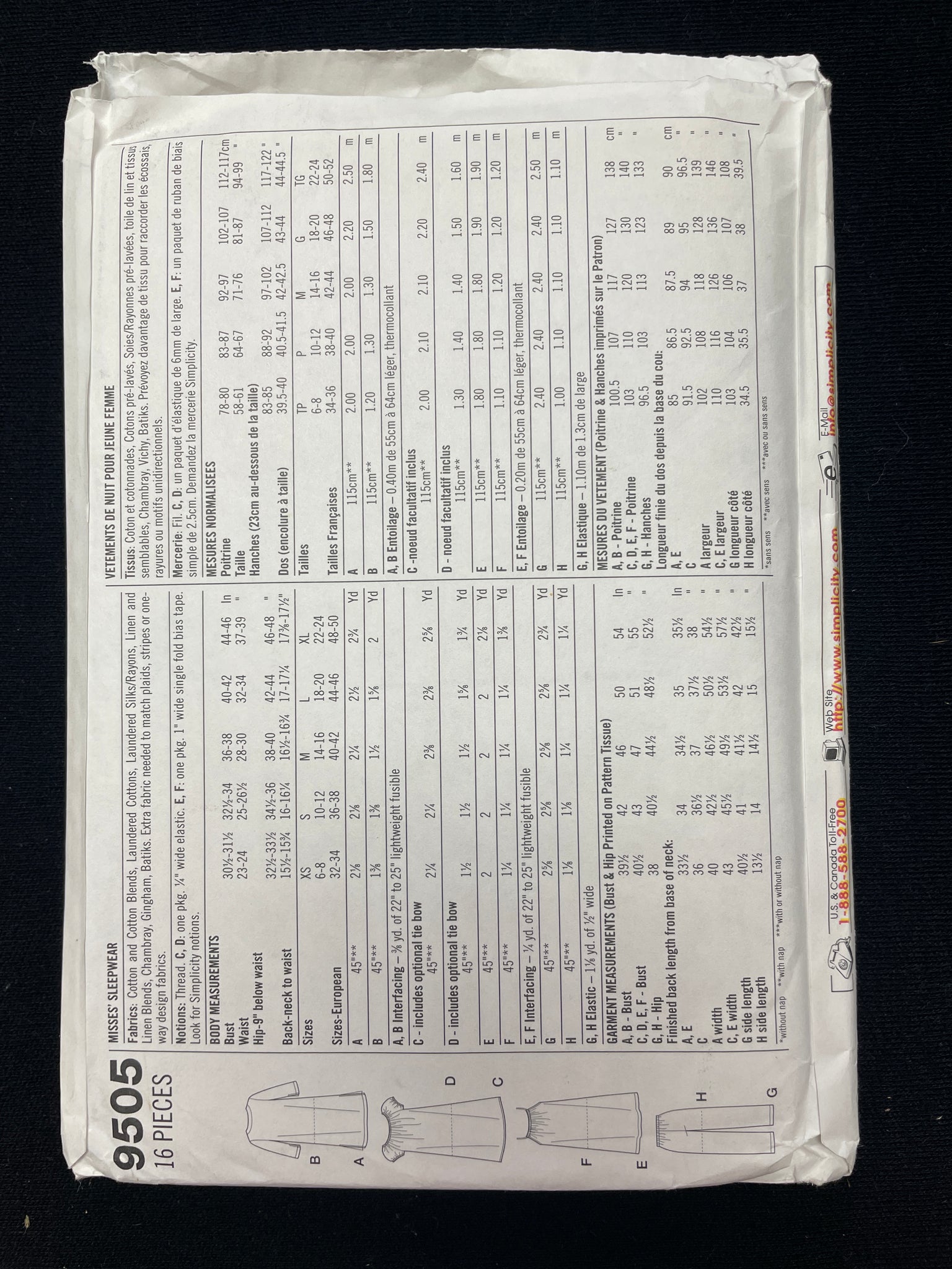 2000 Simplicity 9505 Sewing Pattern - Adult Nightgown and Pajamas FACTORY FOLDED