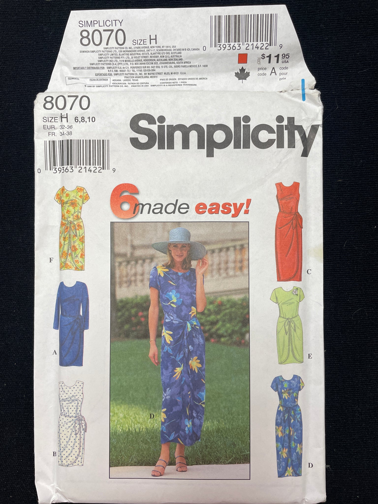 1998 Simplicity 8070 Sewing Pattern - Adult Faux Wrap Dress FACTORY FOLDED
