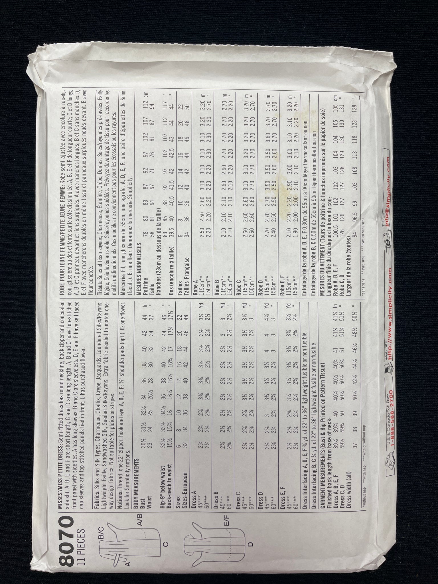 1998 Simplicity 8070 Sewing Pattern - Adult Faux Wrap Dress FACTORY FOLDED