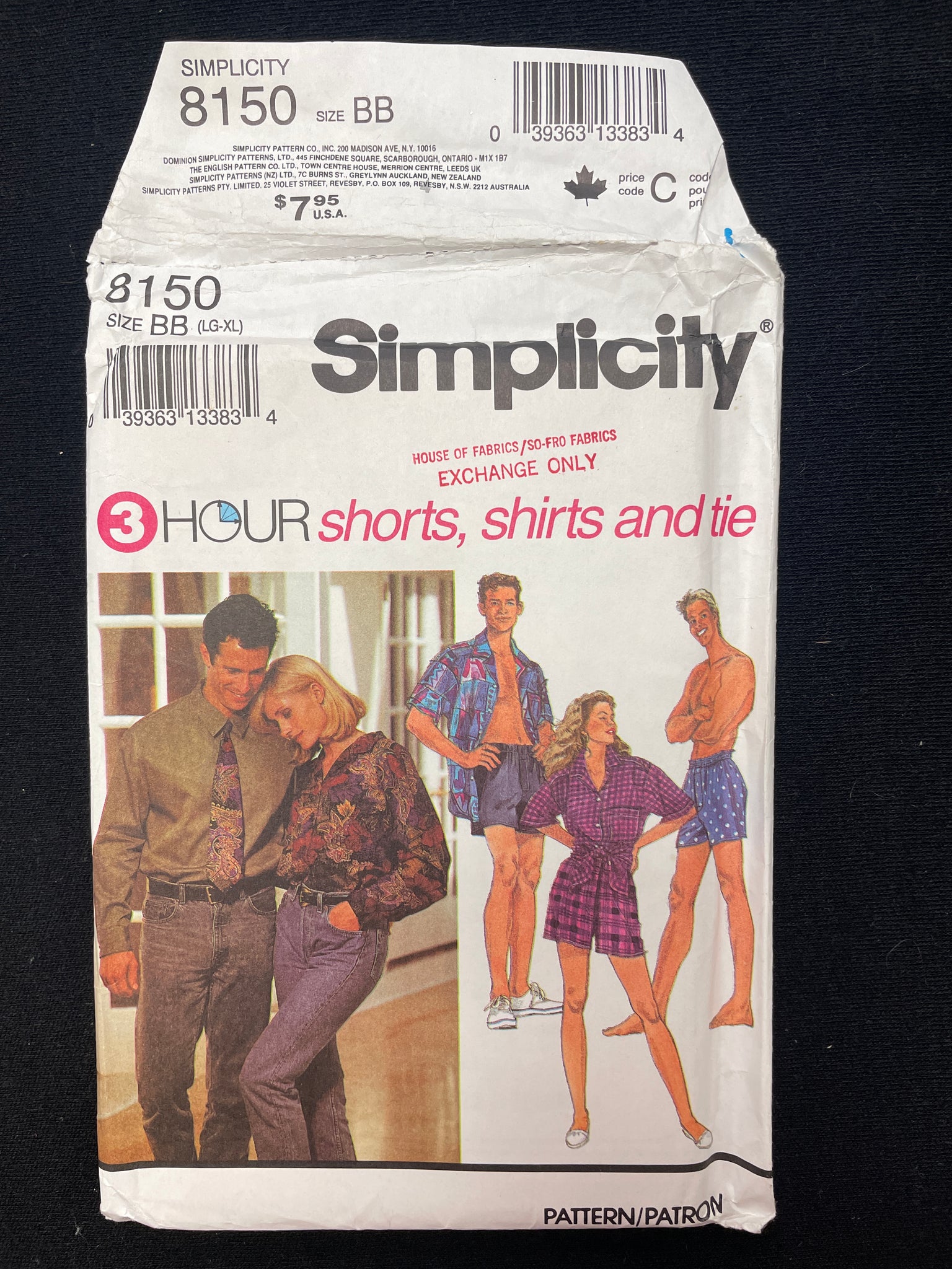 1992 Simplicity 8150 Sewing Pattern - Adult shirts, Shorts and Tie FACTORY FOLDED