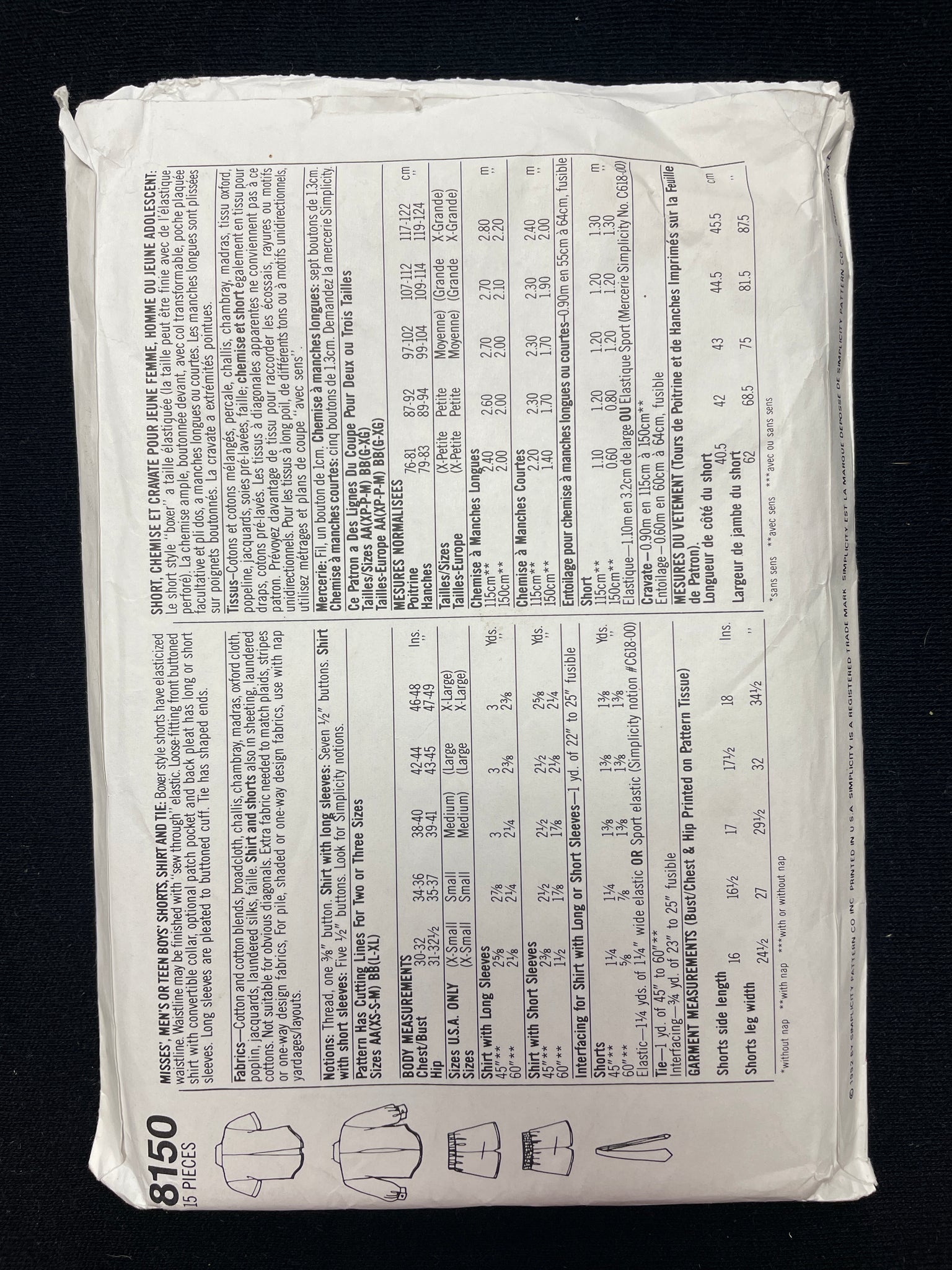 1992 Simplicity 8150 Sewing Pattern - Adult shirts, Shorts and Tie FACTORY FOLDED