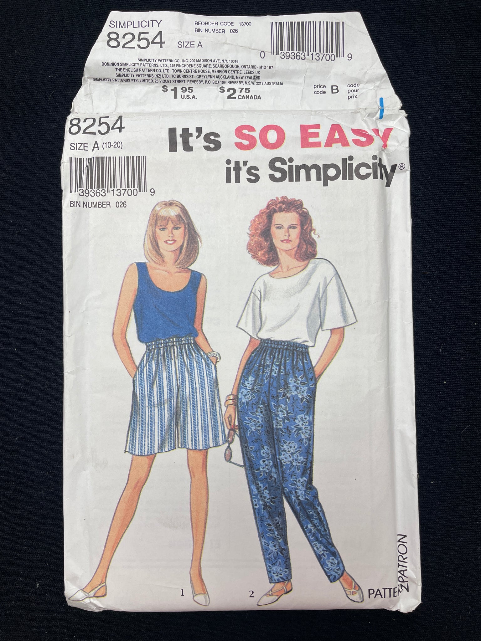 1992 Simplicity 8254 Sewing Pattern - Adult Tops, Shorts and Pants FACTORY FOLDED