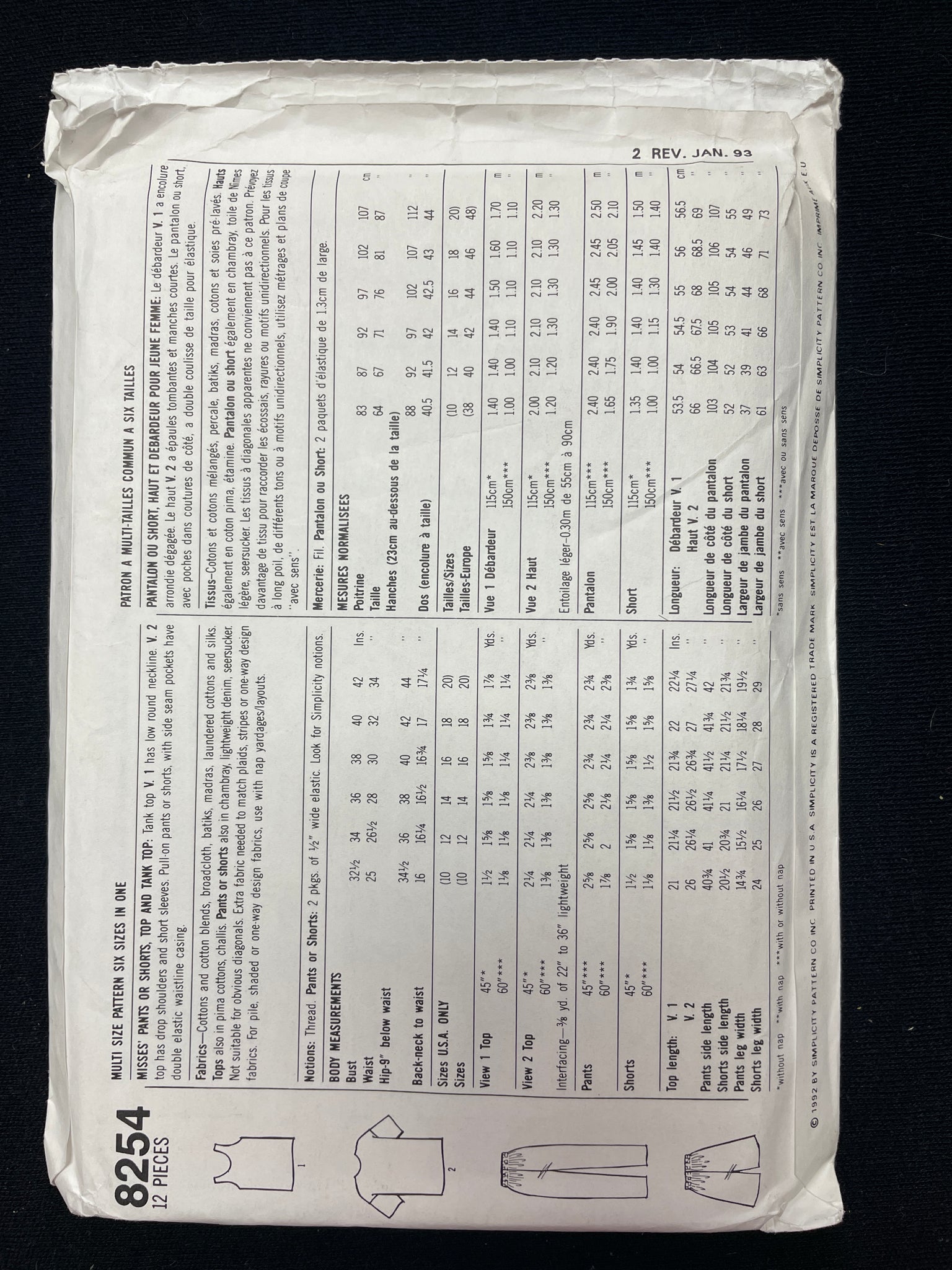 1992 Simplicity 8254 Sewing Pattern - Adult Tops, Shorts and Pants FACTORY FOLDED