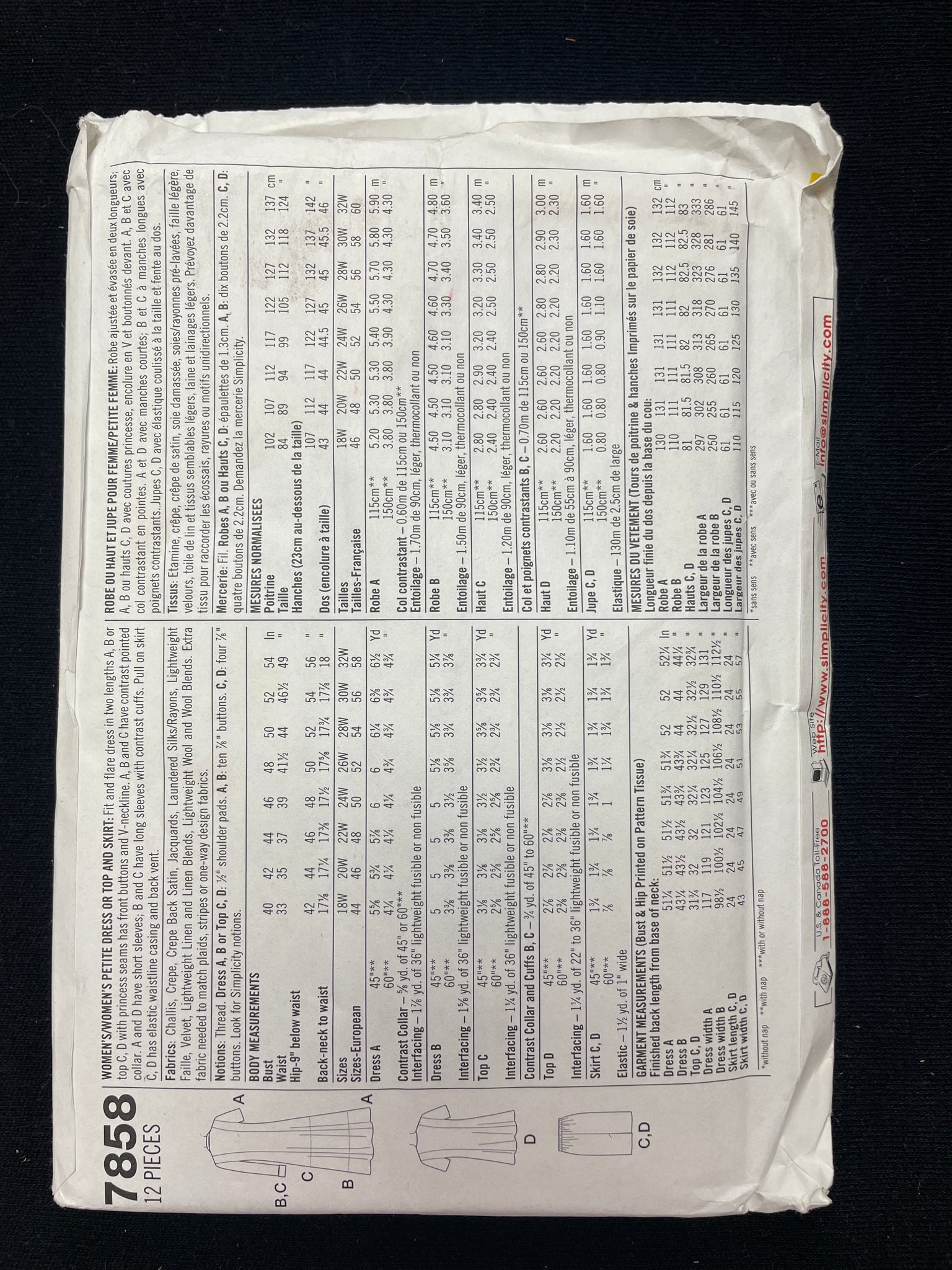 1997 Simplicity 7858 Sewing Pattern - Adult Dress, Top and Skirt FACTORY FOLDED