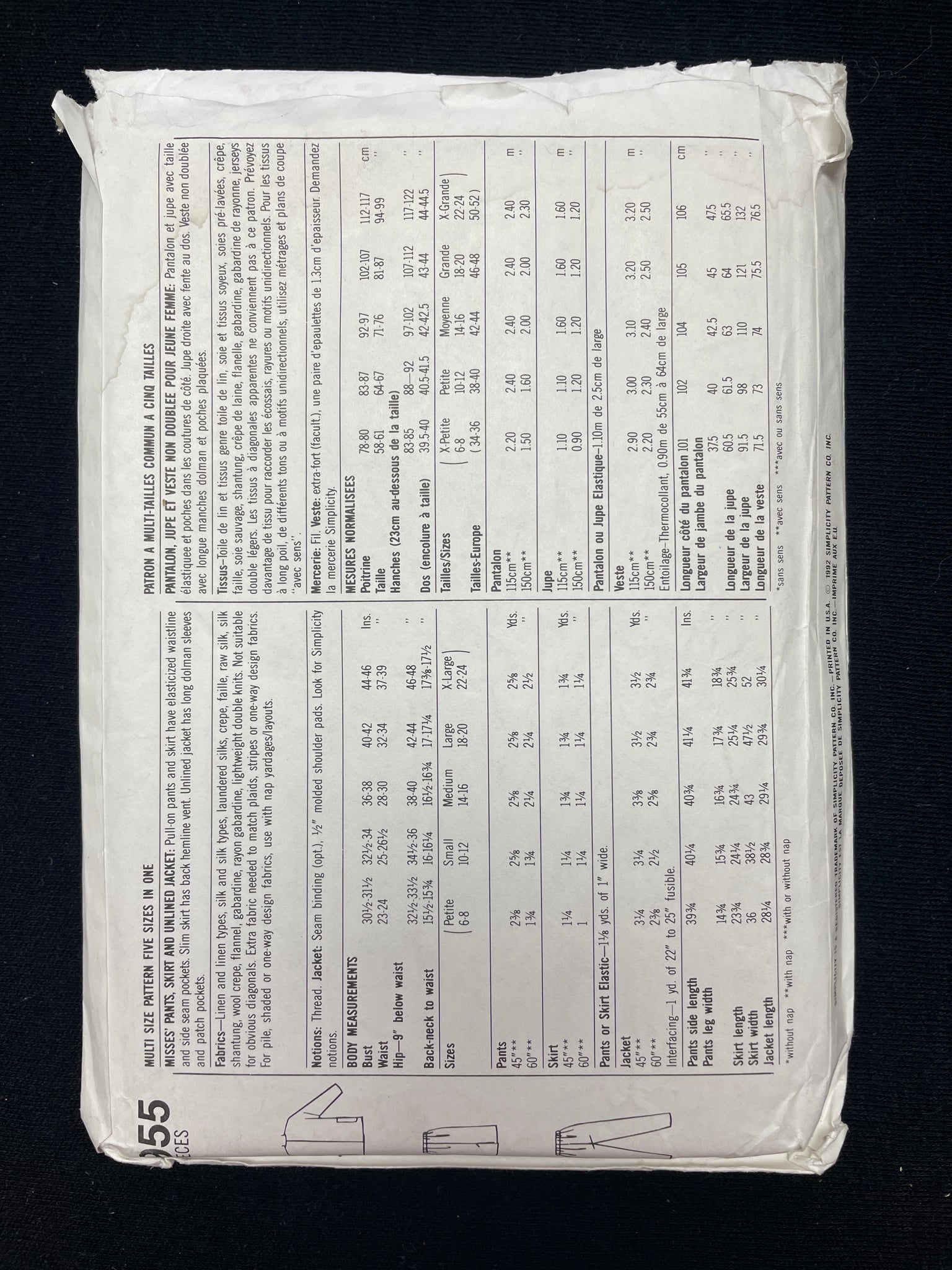 1992 Simplicity 7955 Sewing Pattern - Adult Jacket, Pants and Skirt FACTORY FOLDED